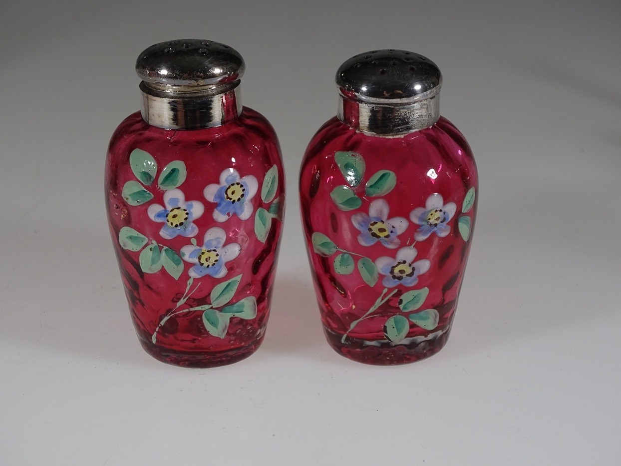 Wonderful Victorian Cranberry Glass Salt & Pepper Shakers Floral Motifs c.1895