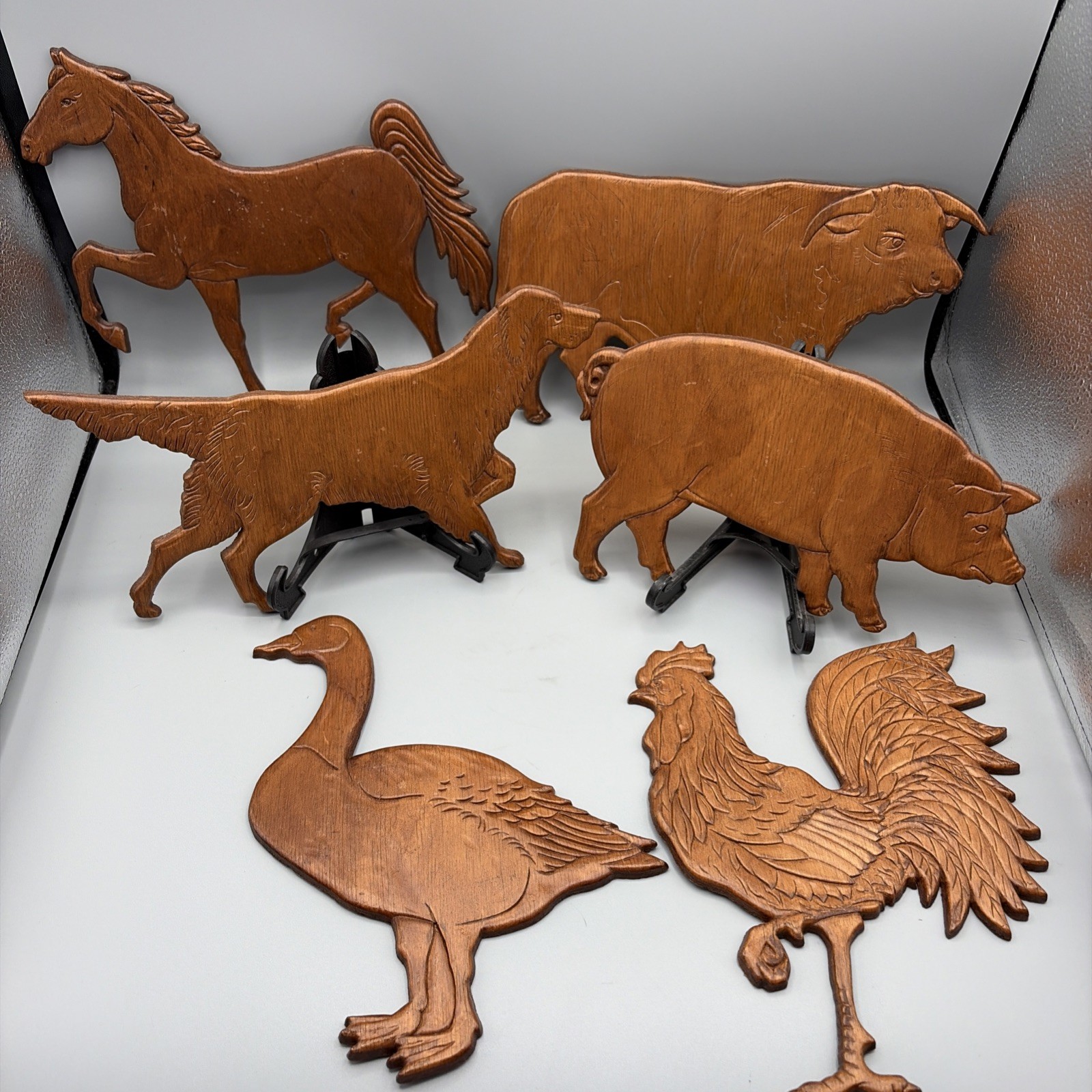 6 Vintage Wood Carved Cottage Core Country Farmhouse Animal Wall Hangings Decor