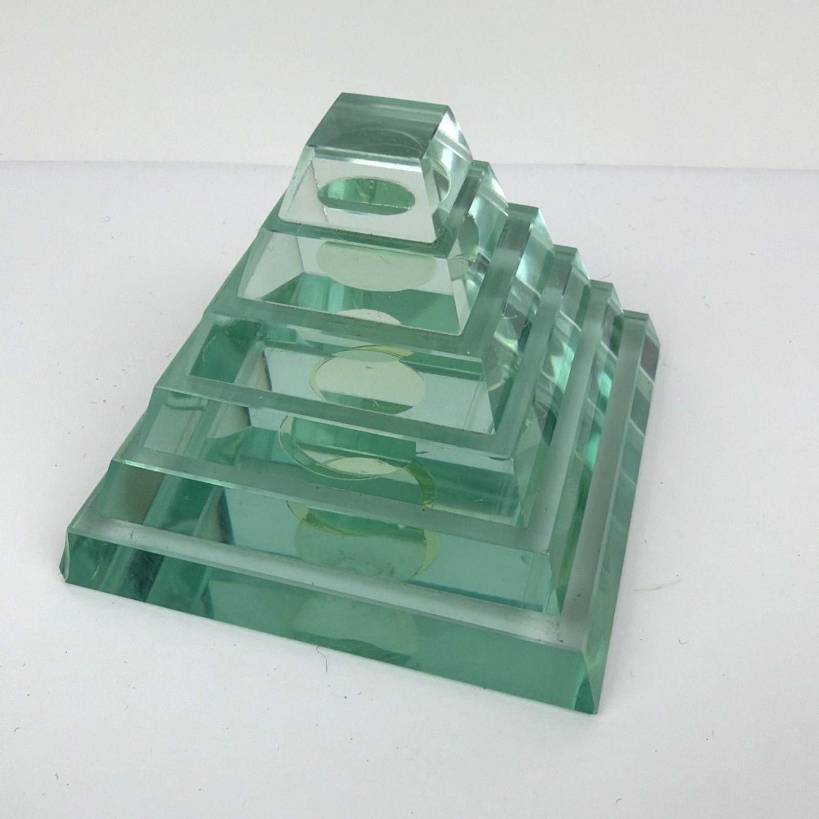 Vintage Art Glass Pyramid Paperweight Stepped Geometric Seafoam Green Heavy