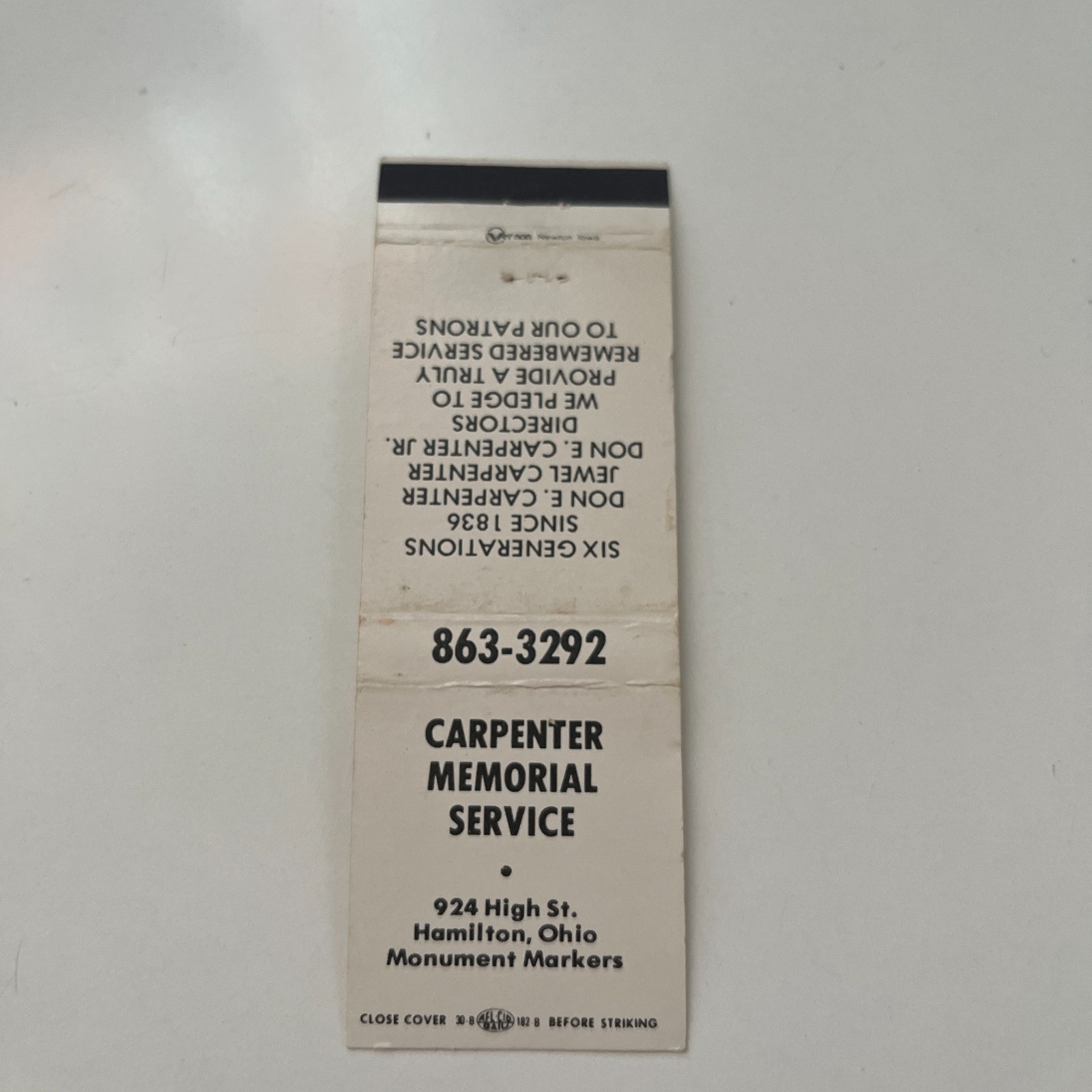 Carpenter Memorial Service Hamilton OH Vintage Matchbook Cover TMB49-5