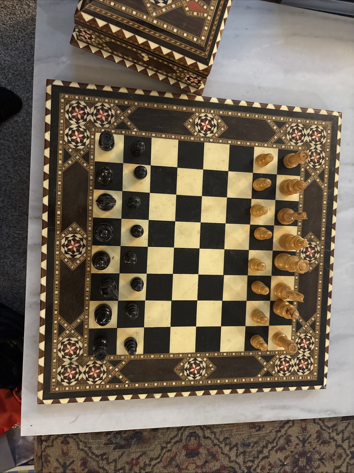 VTG NIP Handmade Portable Complete Chess Set ~ Incas vs. Spanish Conquistadors