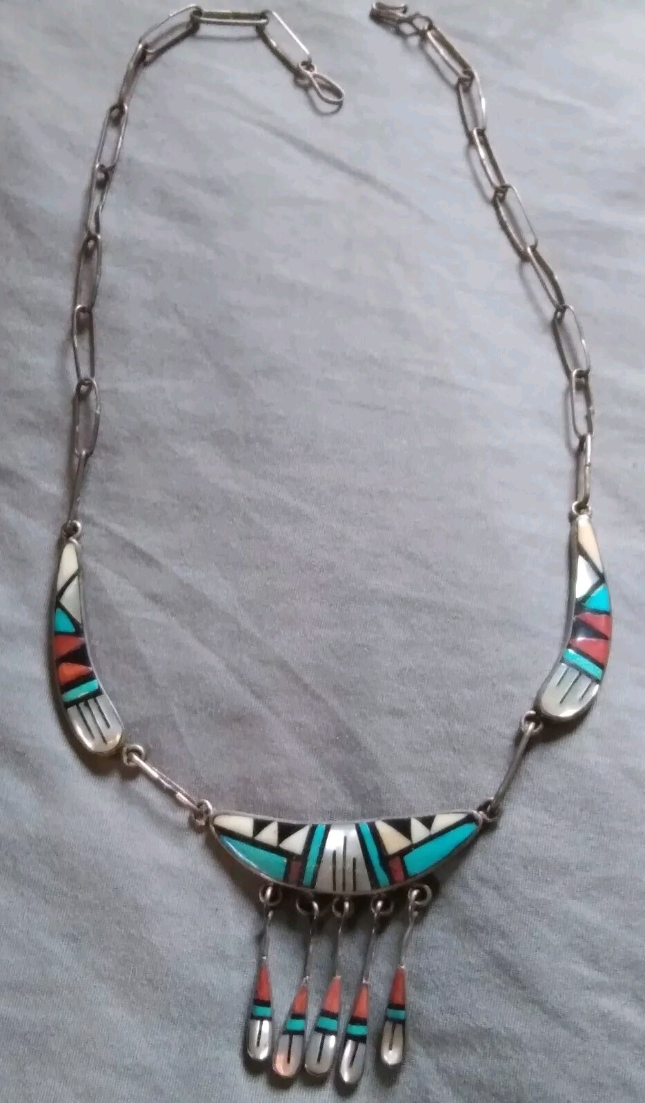 Vintage FB Zuni Turquoise, Coral, Mother Of Pearl, Onyx Inlay Choker Necklace. Vintage FB Zuni Turquoise, Coral, Mother Of Pearl, Onyx Inlay Choker Necklace.