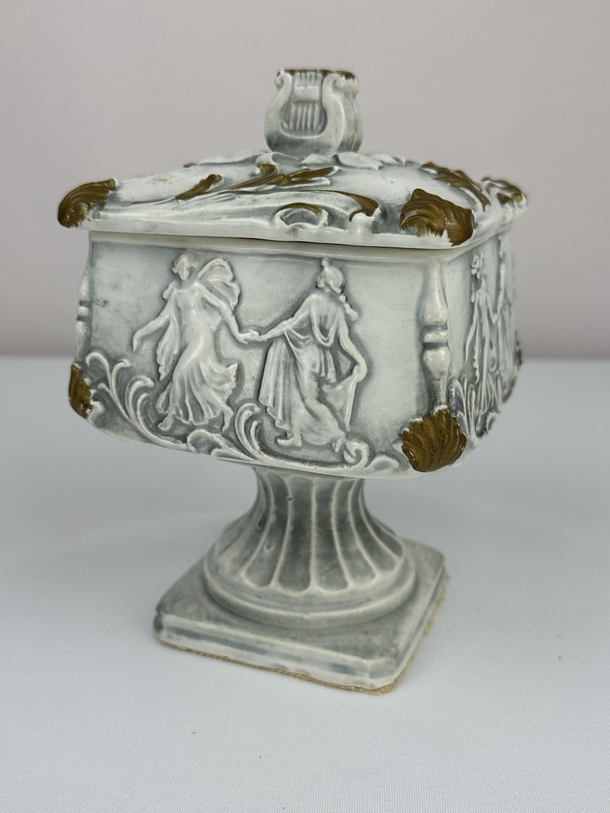Vintage MCM covered Candy DISH Lid Pedestal Greek Musical Embossed Distressed