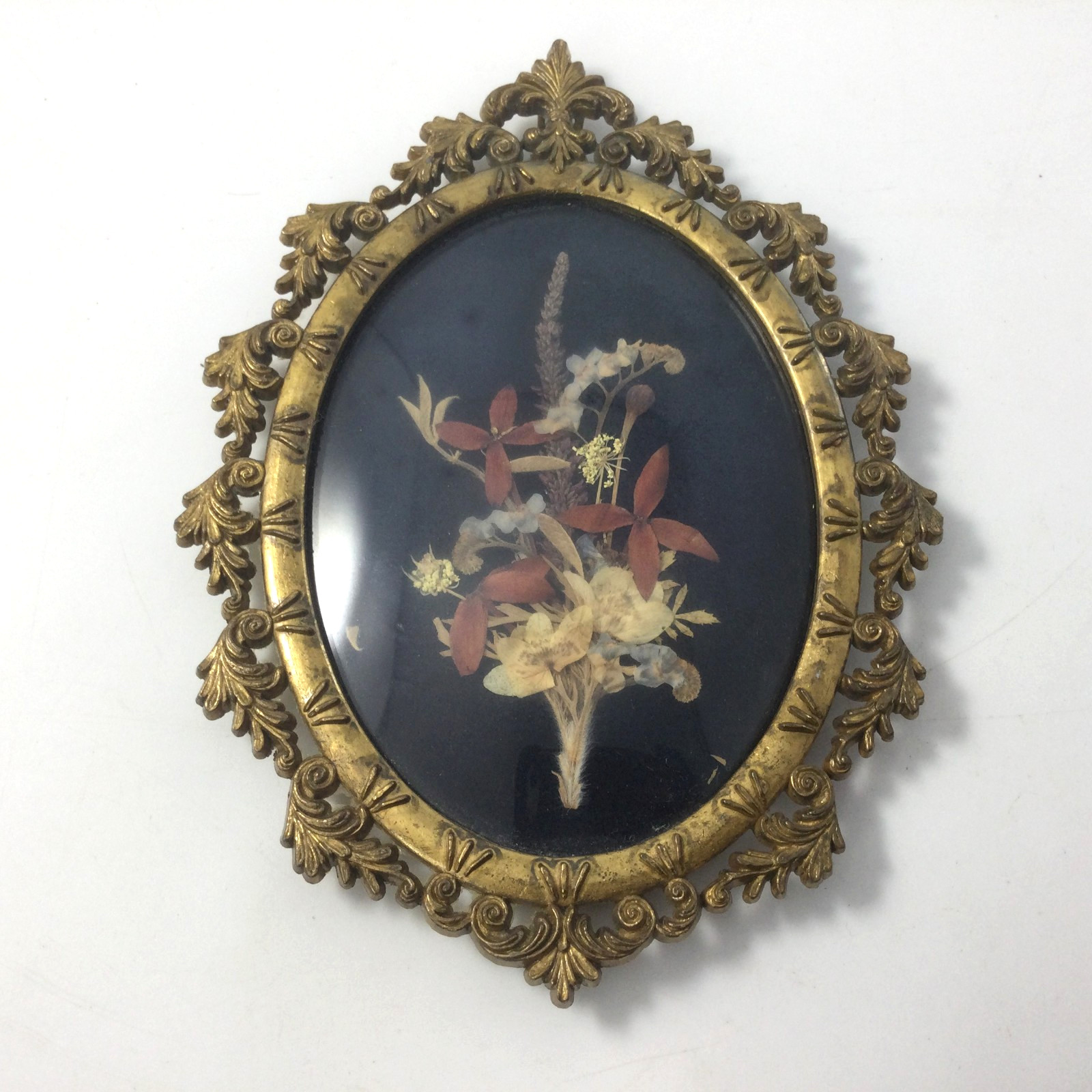 Vintage Dry Flowers Picture Ornate Brass Gold Tone Oval Frame Convex Glass