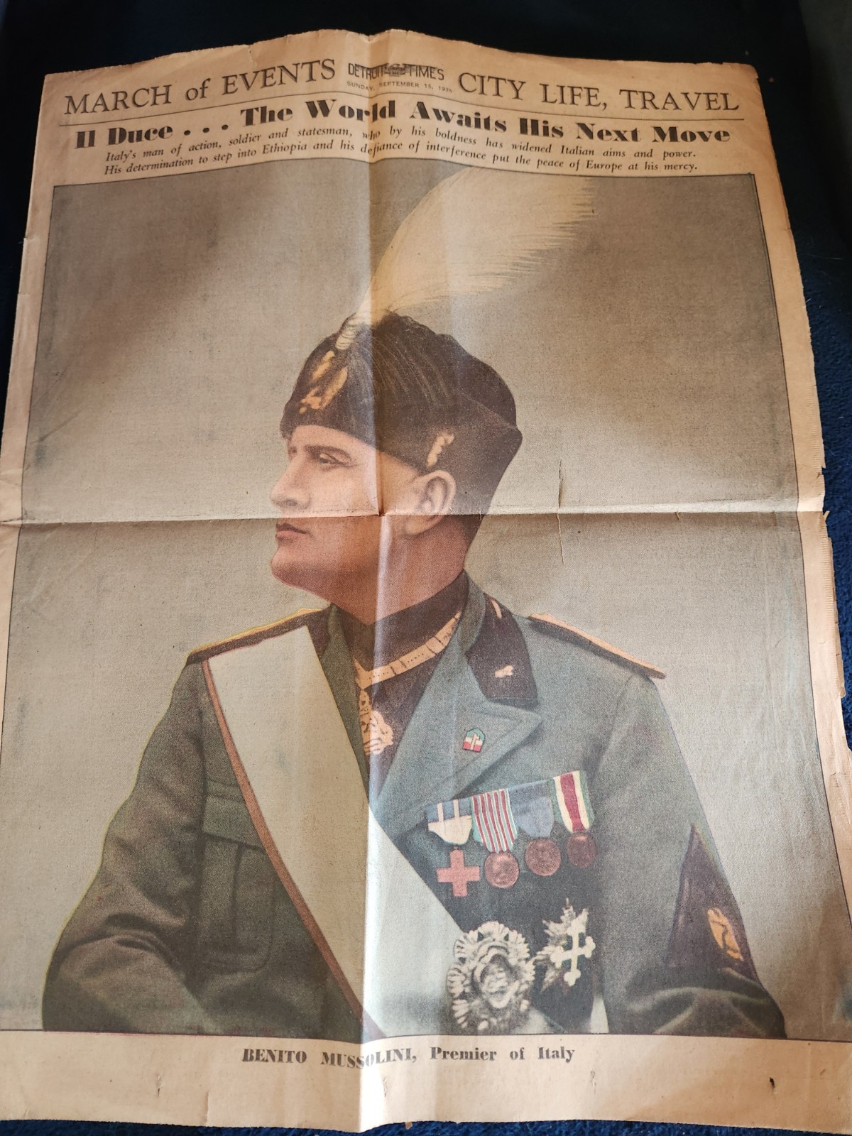 1935 Detroit Times Benito Mussolini Full Color Newspaper Aticle