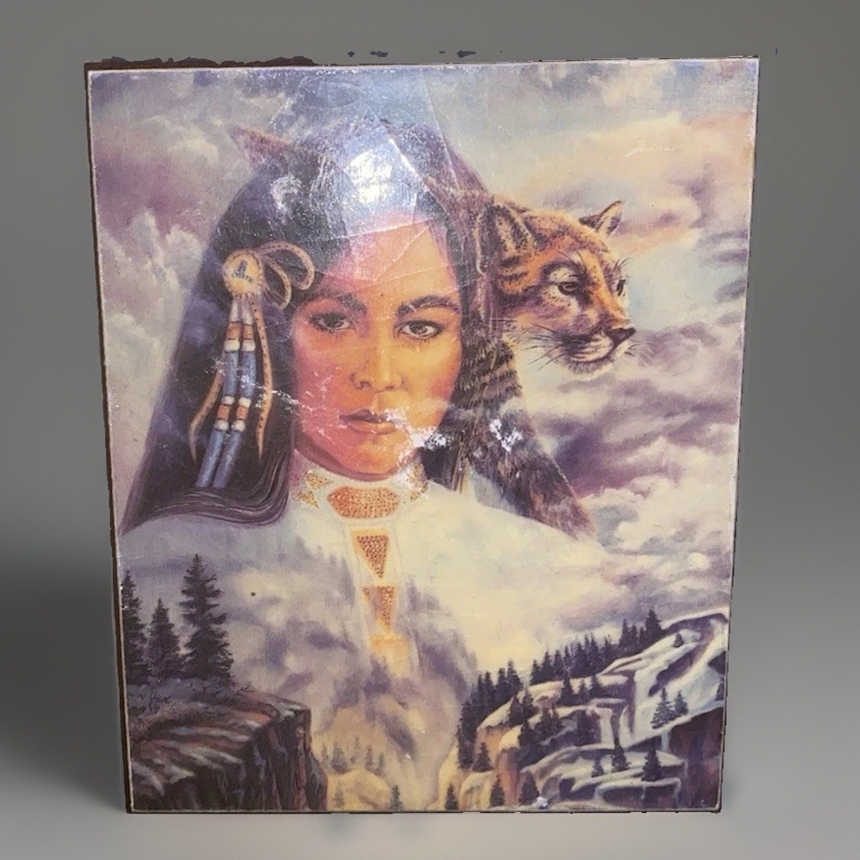 Vintage 80s Native American Wooden Jewelry Trinket Box 90’s Western Nature Wolf