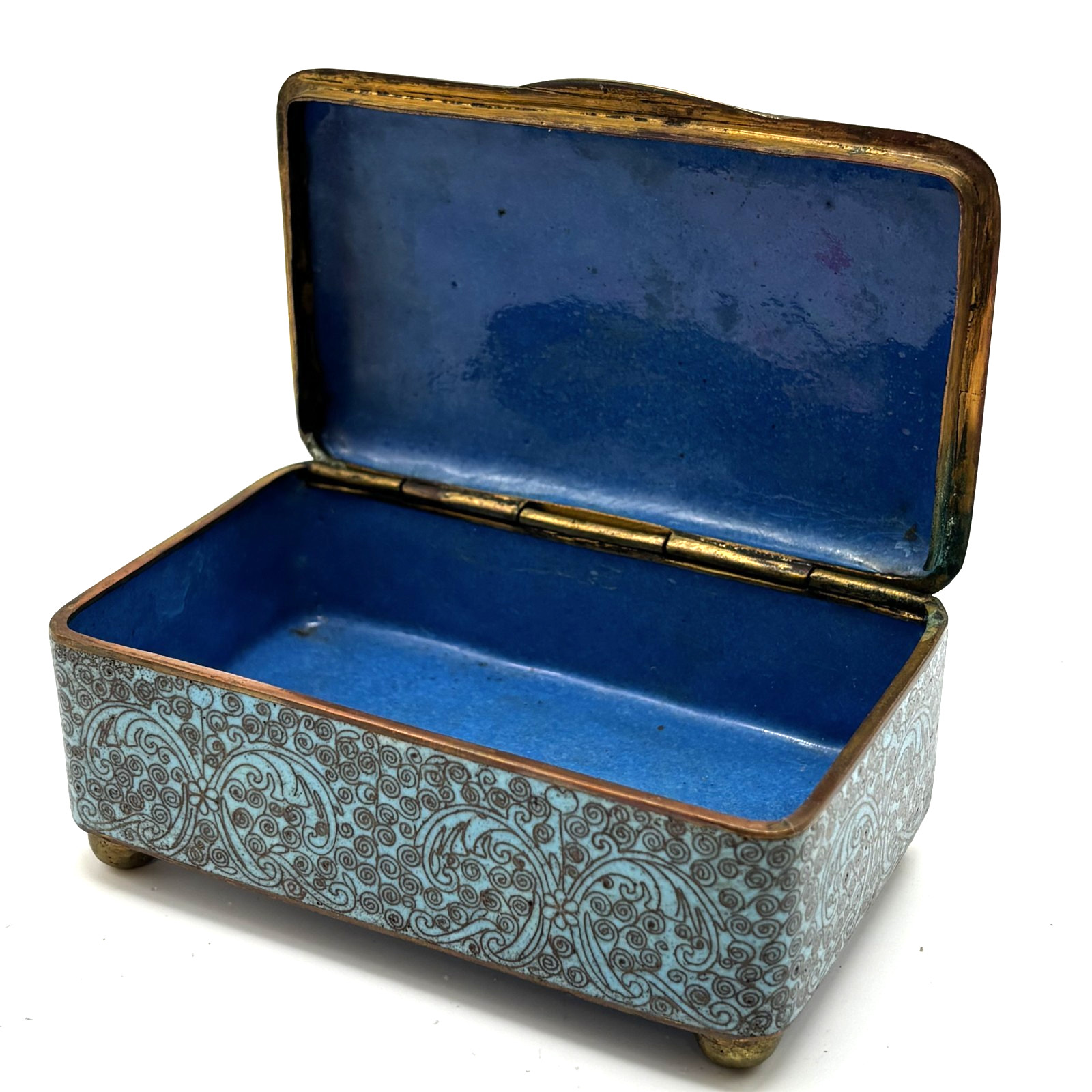 Antique Chinese Cloisonne Enamel Footed Trinket Box Turquoise/Blue 4x2.5x1.75