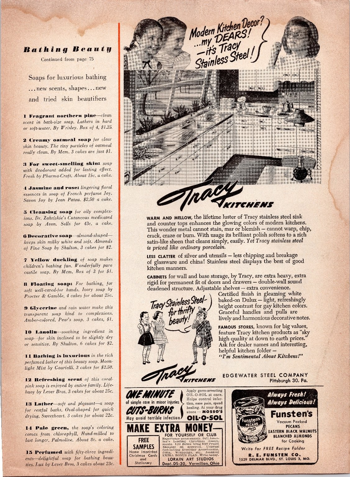 Tracy Stainless Steel Kitchens FUNSTEN'S PECANS Vintage 1950s Magazine Print Ad