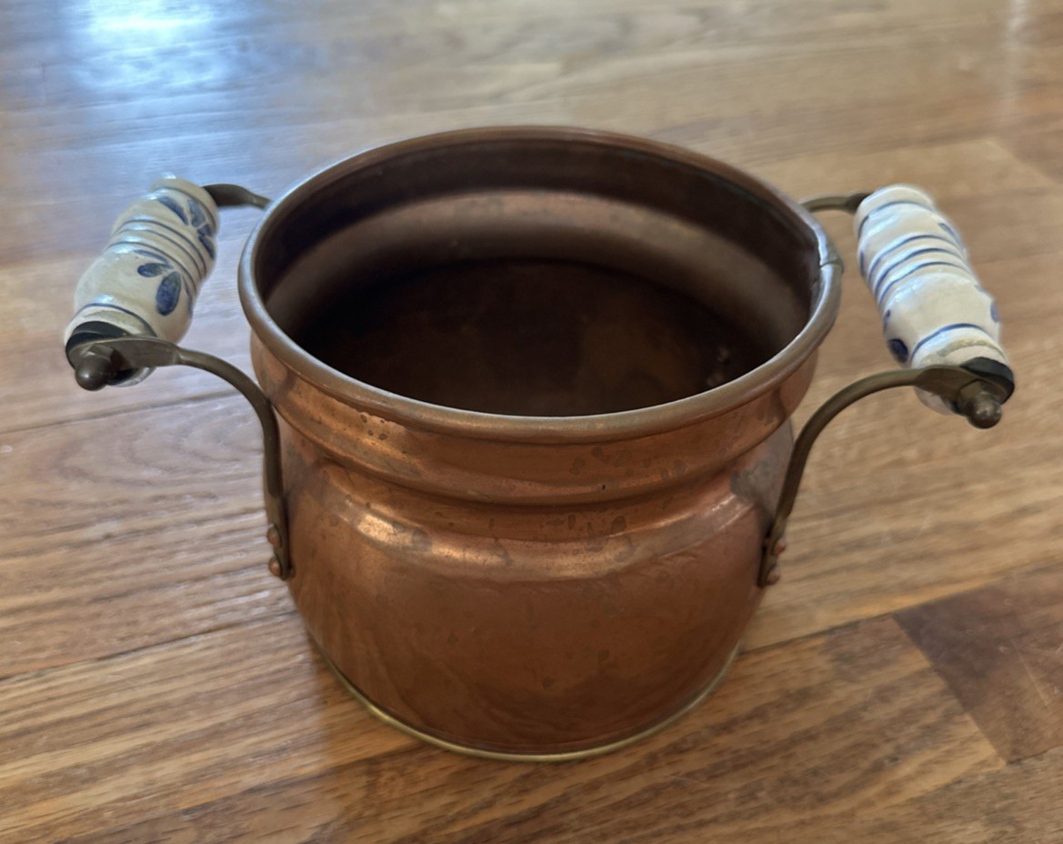 Vintage Copper & Brass Small Pot Planter with Blue & White Handles Holland Made