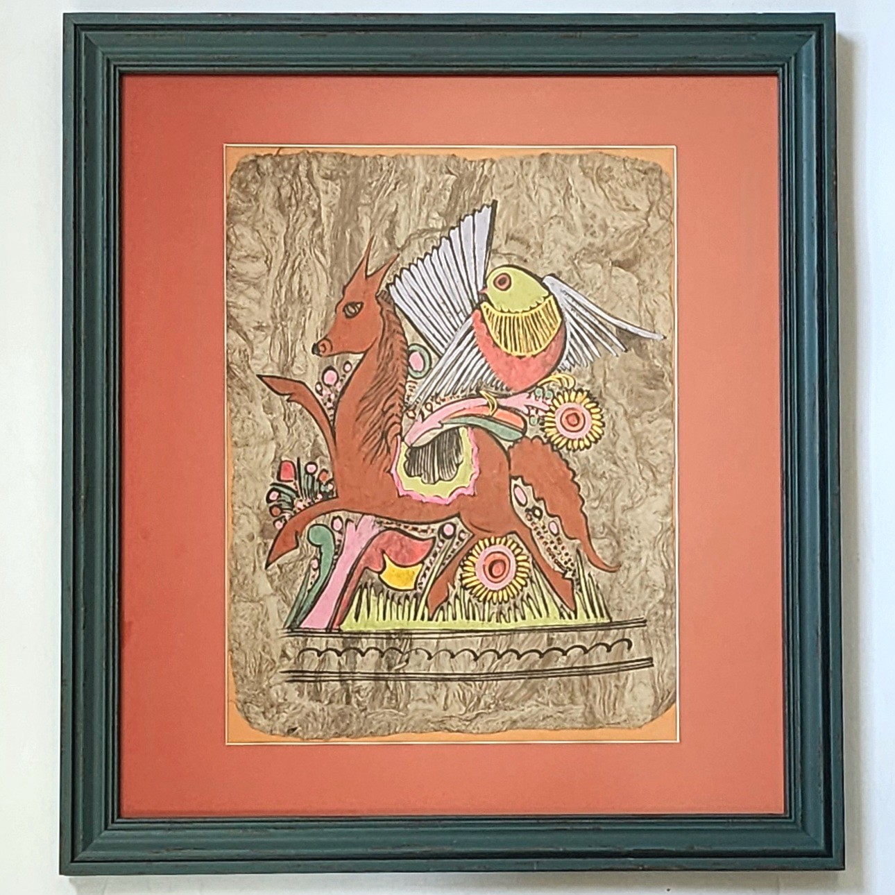 Original Mexican Amate Bark Painting - Signed Folk Art Custom Framed 19x21