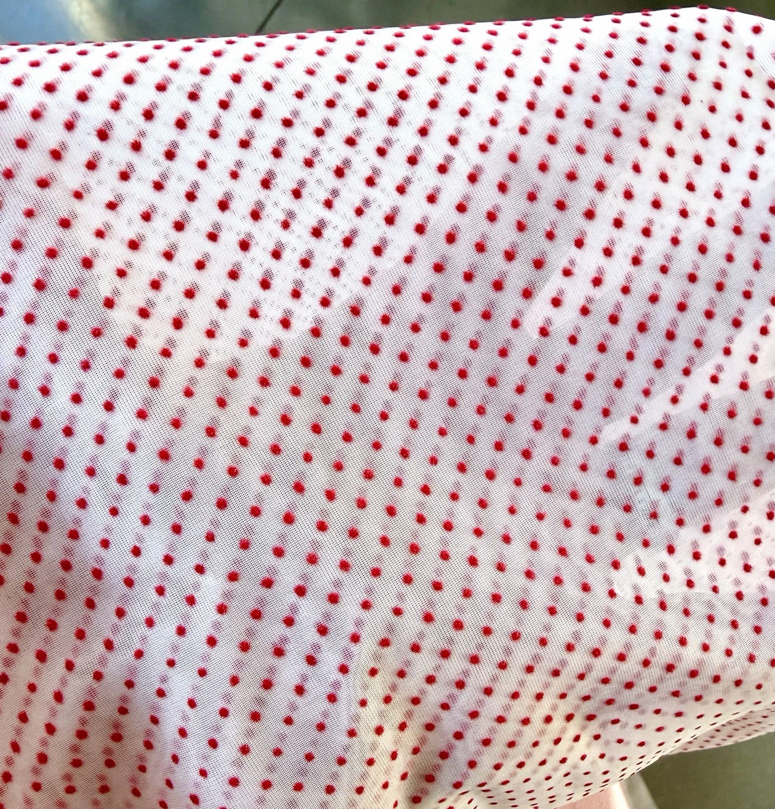NOS Vintage Red Swiss Dot Flocked Semi-Transparent Organza Fabric 3 Yards