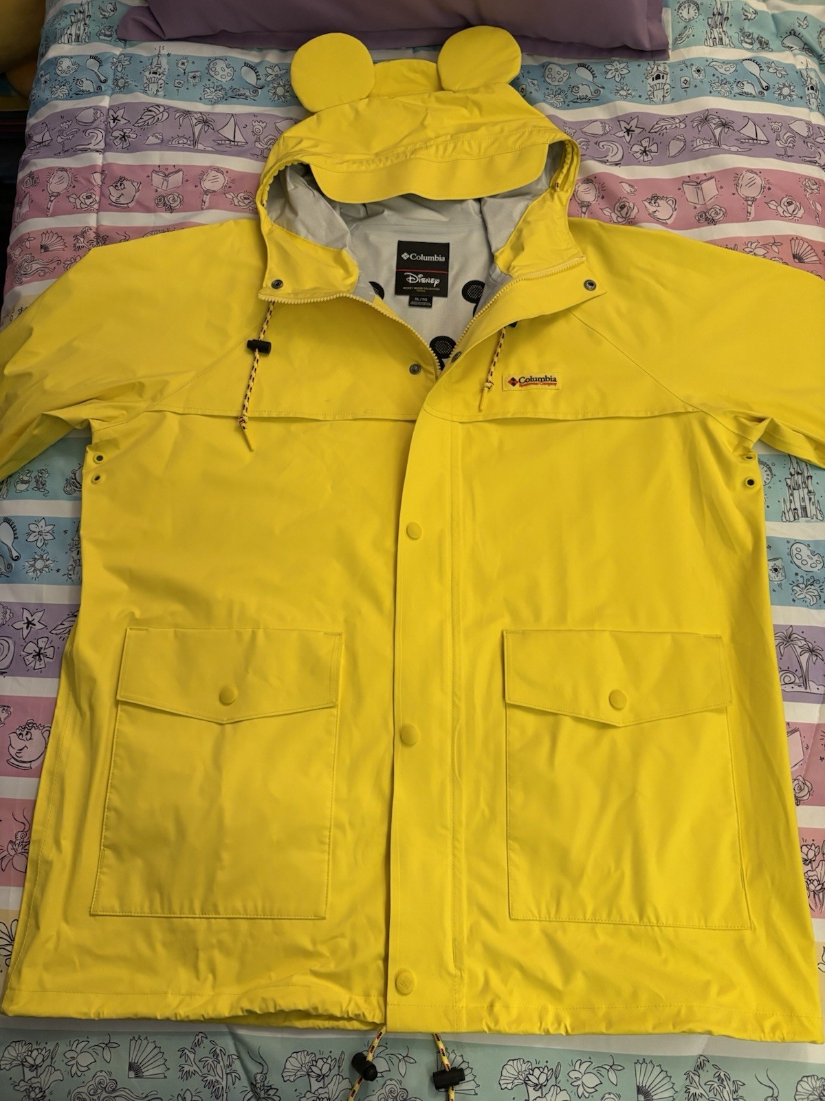 Disney Columbia Mickey Mouse Ears Hooded Rain Jacket Adult XL Yellow