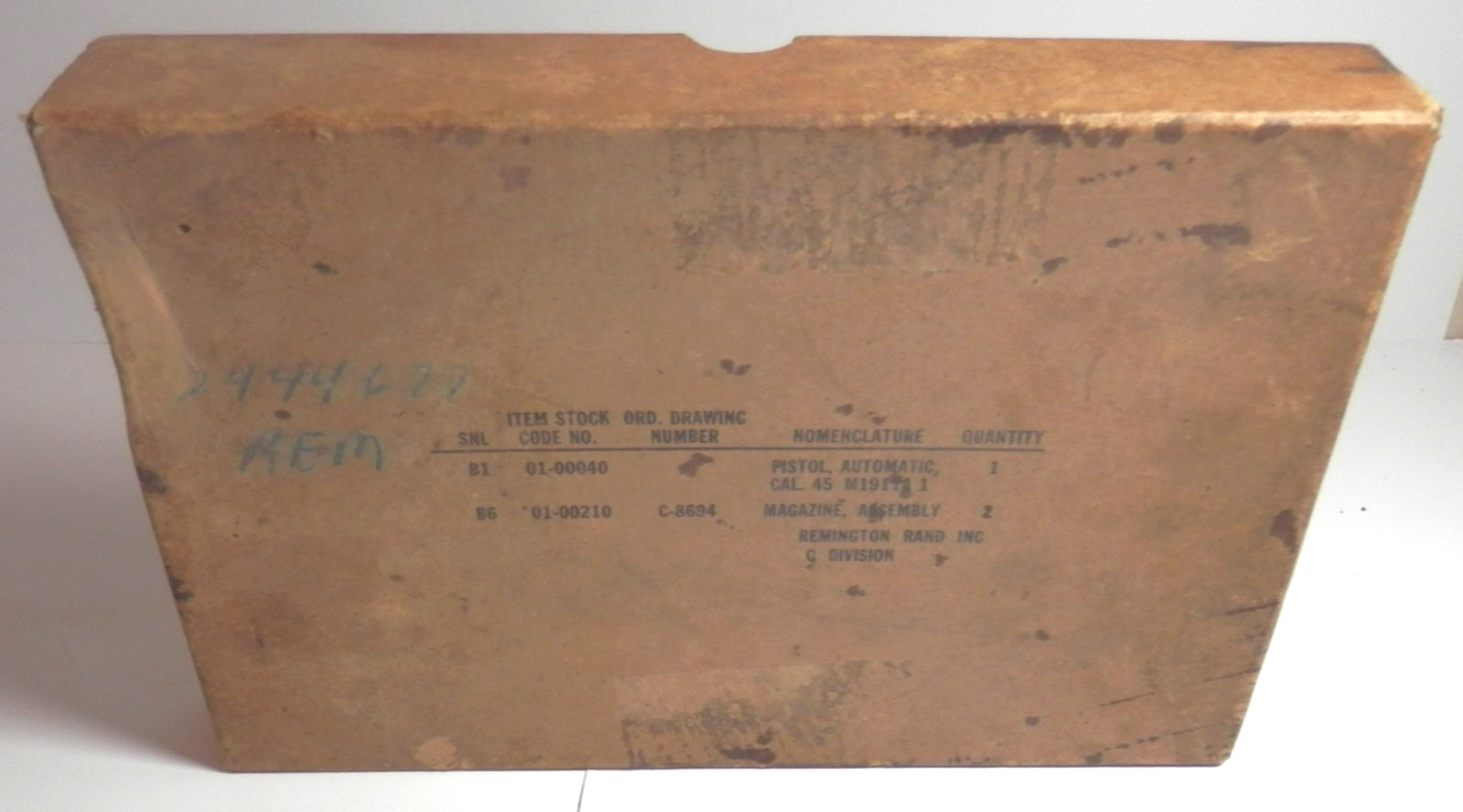 WWII Remington Rand Pistol 45cal. Shipping Box