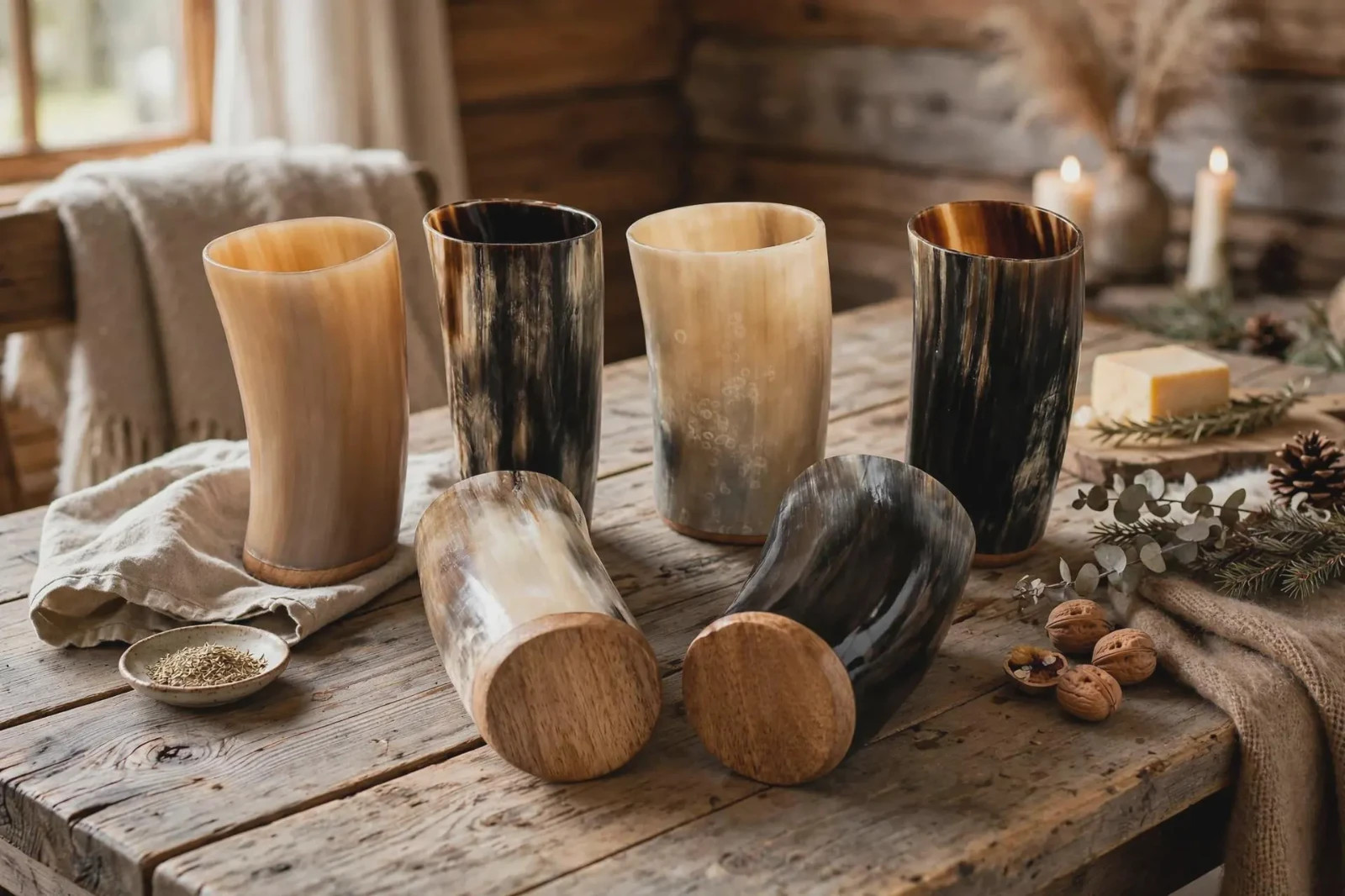 Handcrafted Buffalo Horn Drinking Cup 16 oz Set Viking with Wooden Base Set of 6
