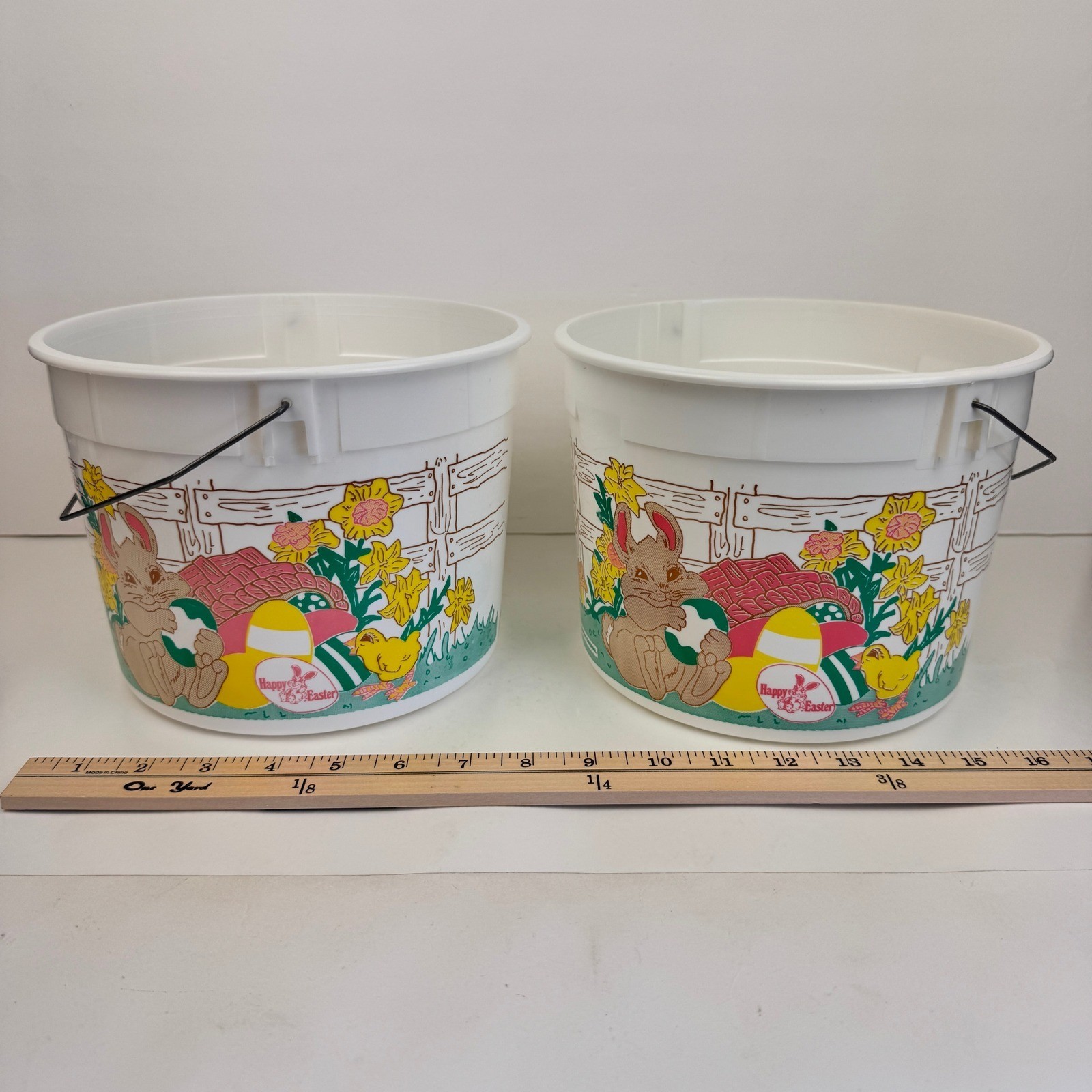 2 Vtg Round Plastic Happy Easter Basket Ice Cream Bucket Myrle\'s Original No Lid