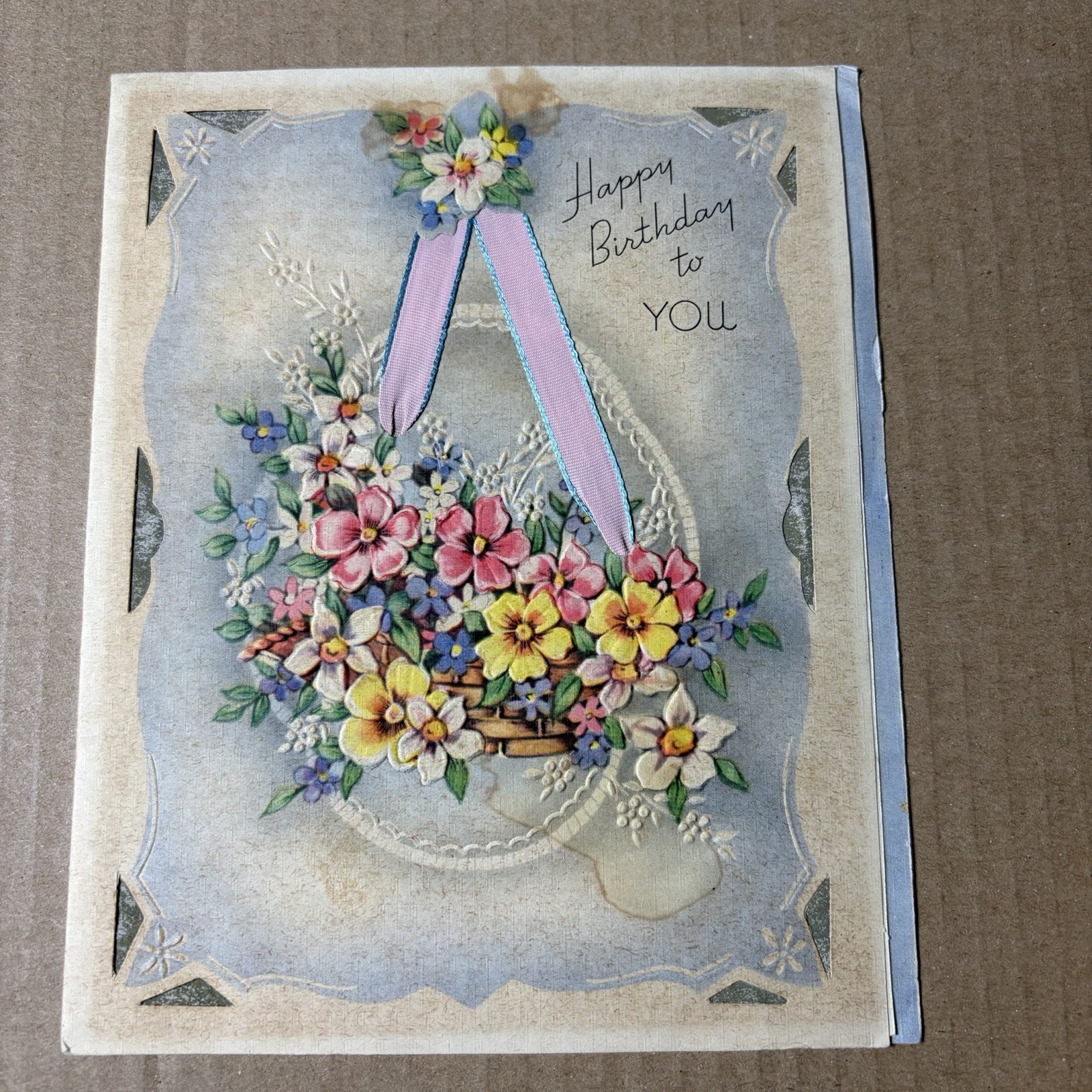 Vintage 1940s Birthday Card Hanging Flower Basket Pink Satin Ribbon Floral 