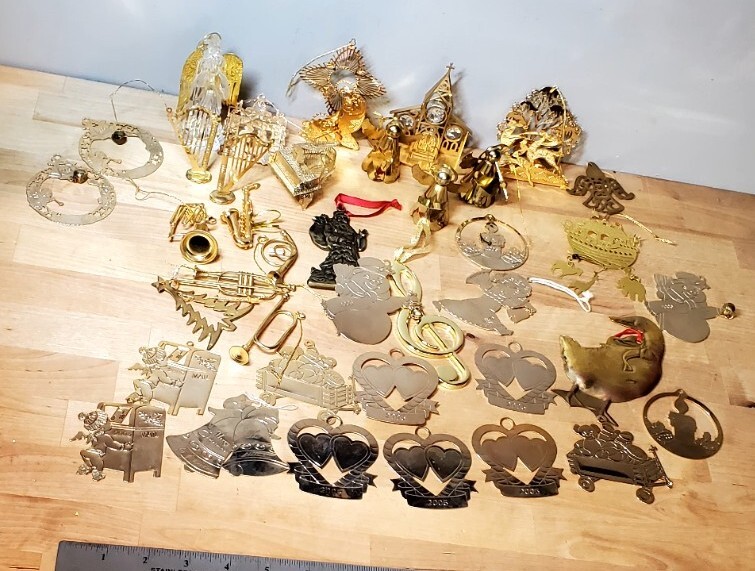  39 Pc. Vintage Assorted Brass Hanging Christmas Ornaments