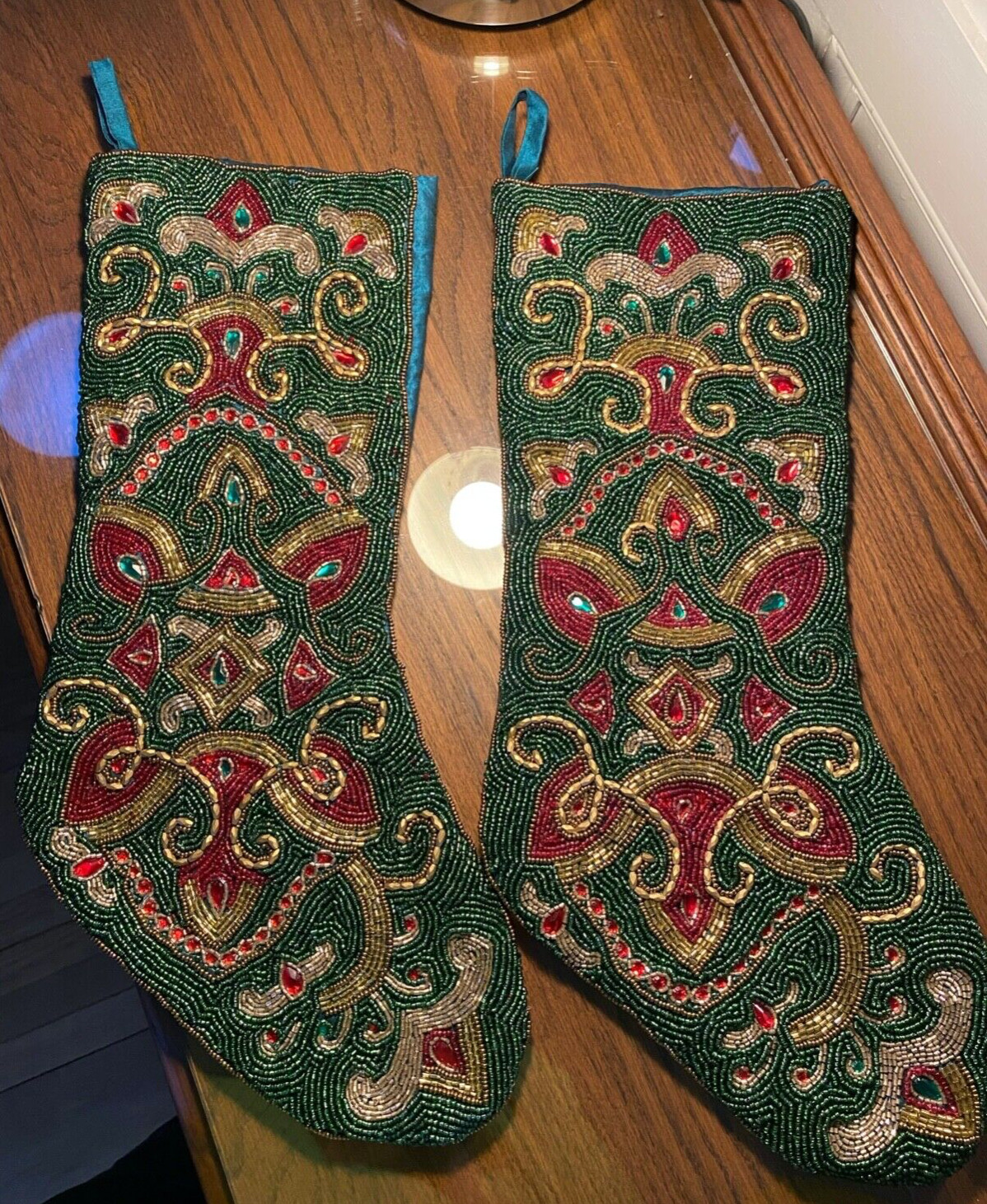 Pier 1 Red Green and Gold Fully Beaded Front Christmas stockings Set of 2