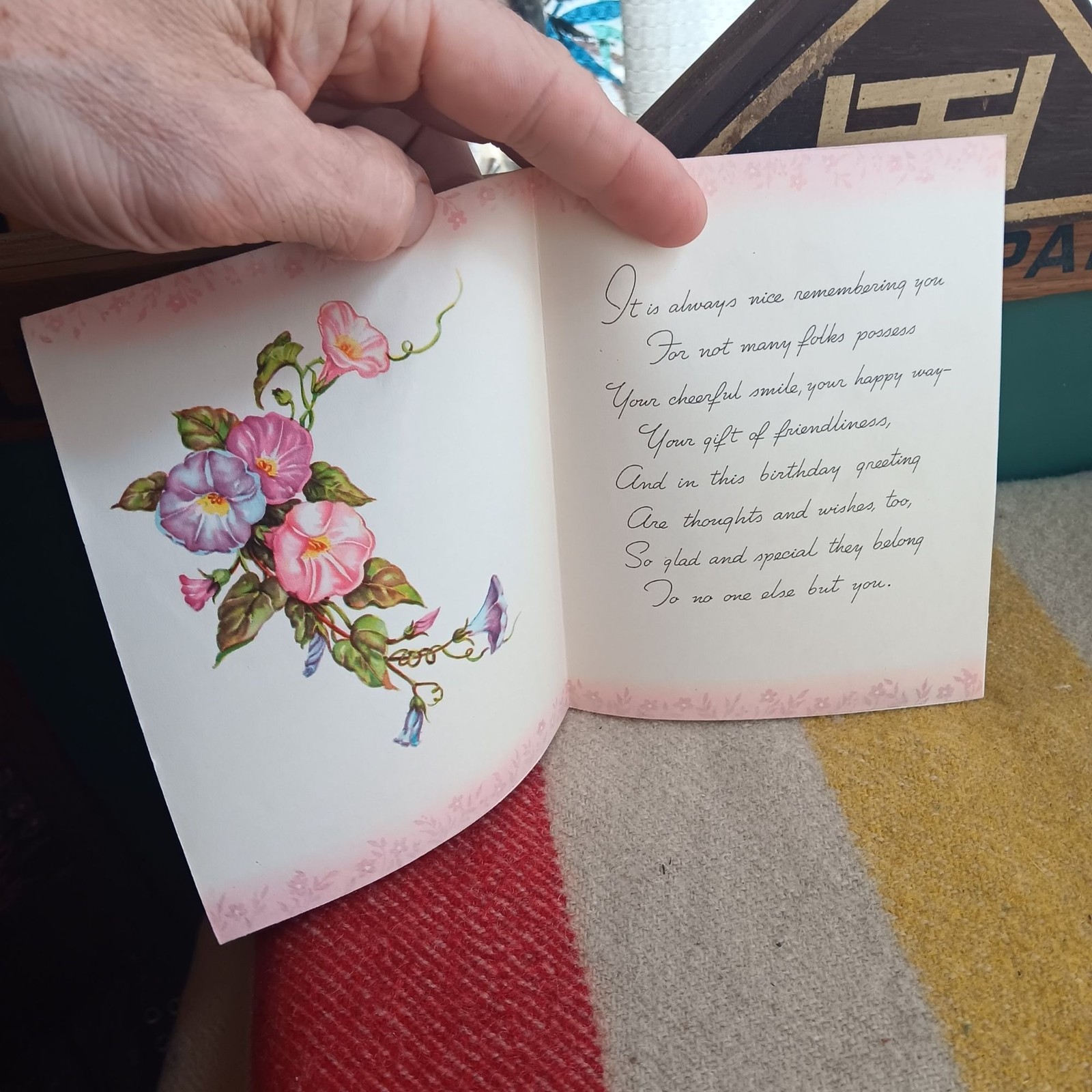 Vintage Floral Birthday Greeting Card With Pink Ribbon Accent & Poem Inside