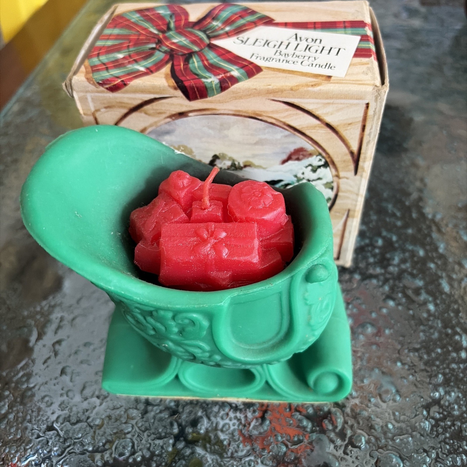 Vintage Avon Sleigh Light Bayberry Fragrance Candle Green and Red New NOS