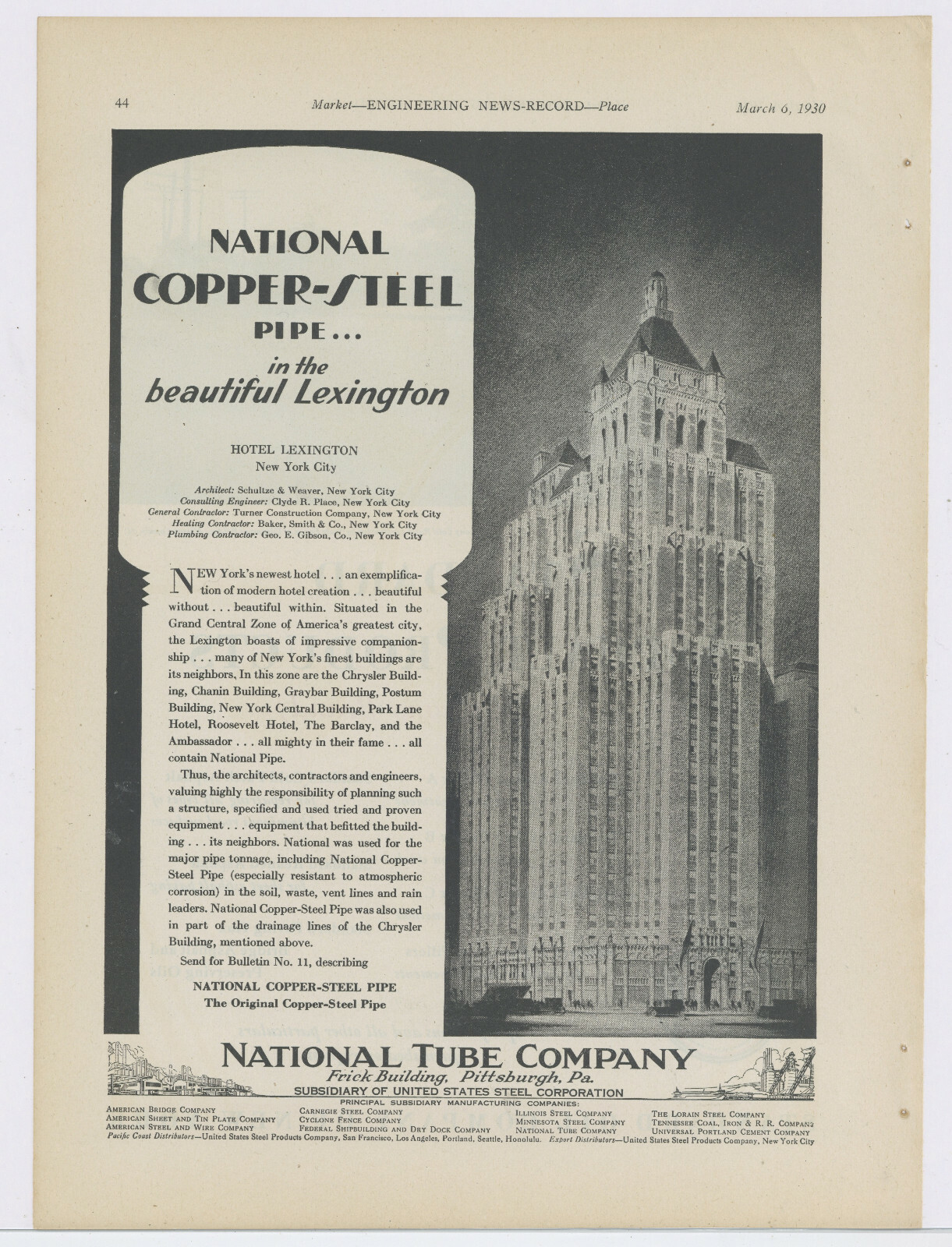 1930 National Tube Ad: Hotel Lexington, New York City -  Nice Artist's Rendering