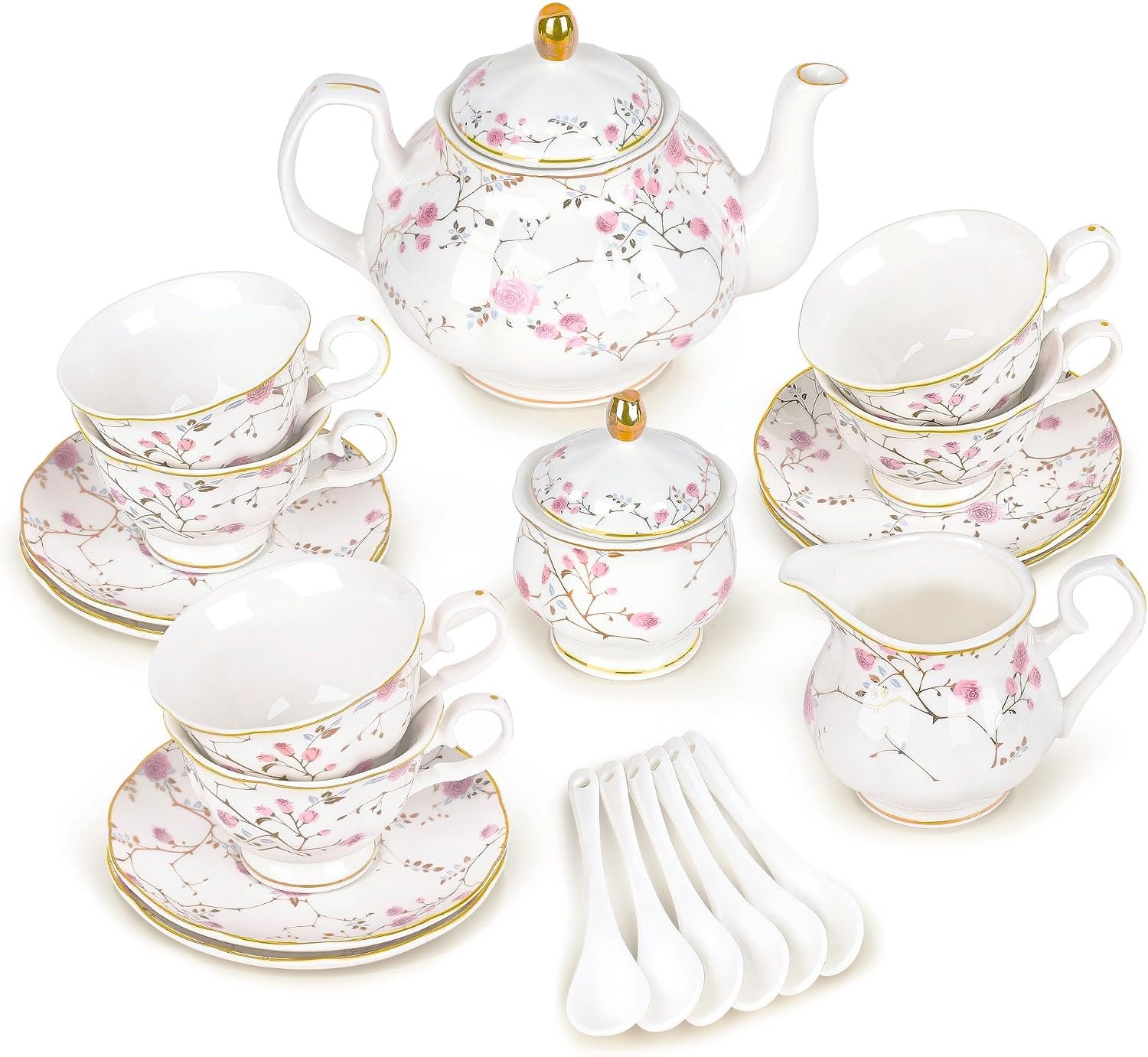 21-Piece English Gold Vine Floral Bone China Tea Sets | Porcelain Tea Service