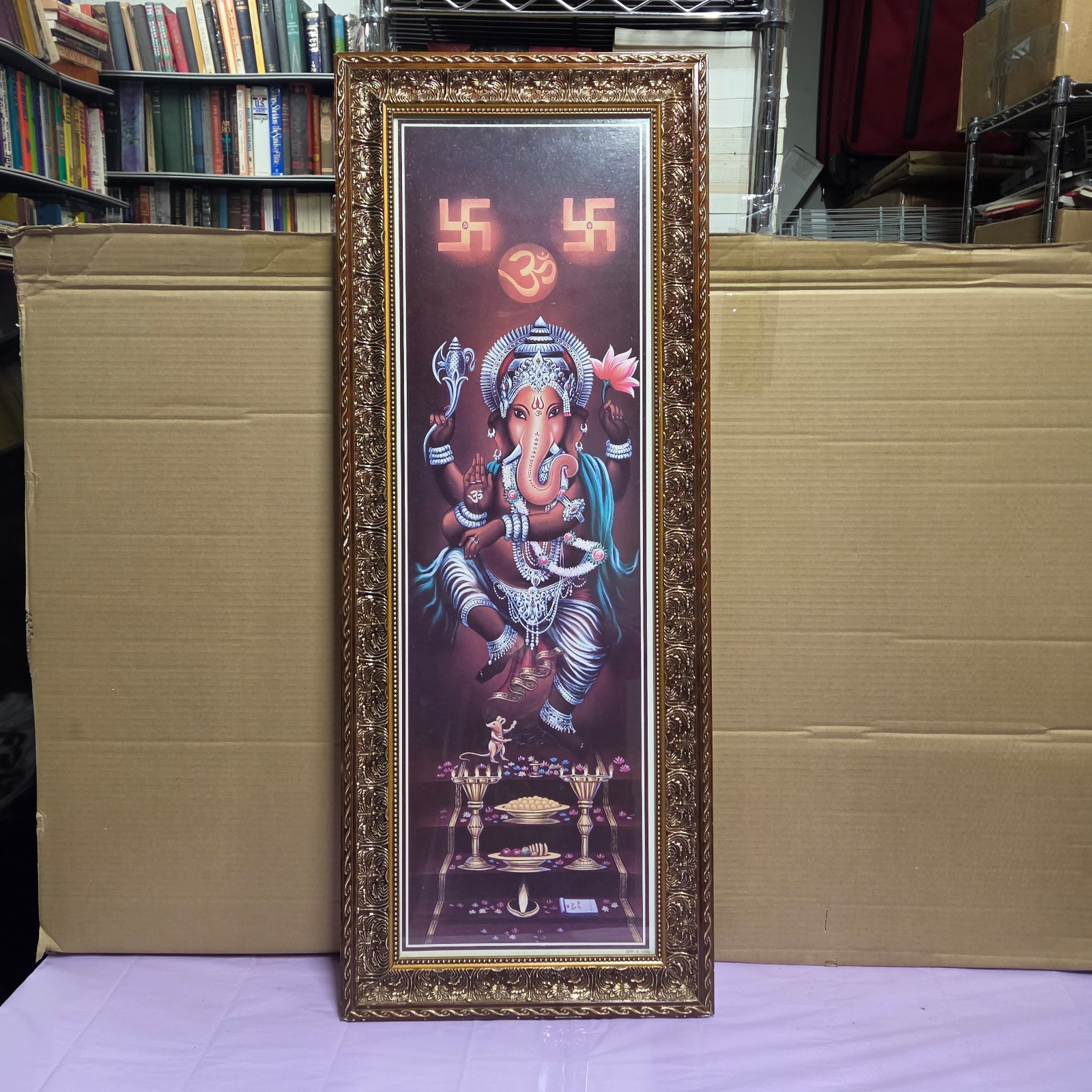Large Framed Lord Ganesha Hindu Wall Art Om Swastika Ganapathi 39.75x15.5