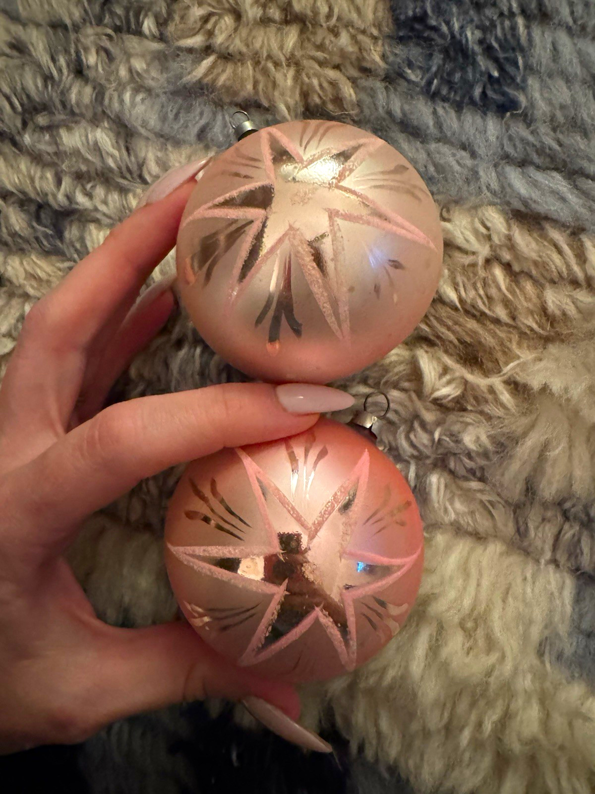 Pink Vintage Glass Starburst Christmas Ornaments- Set of 2- Austria, Germany