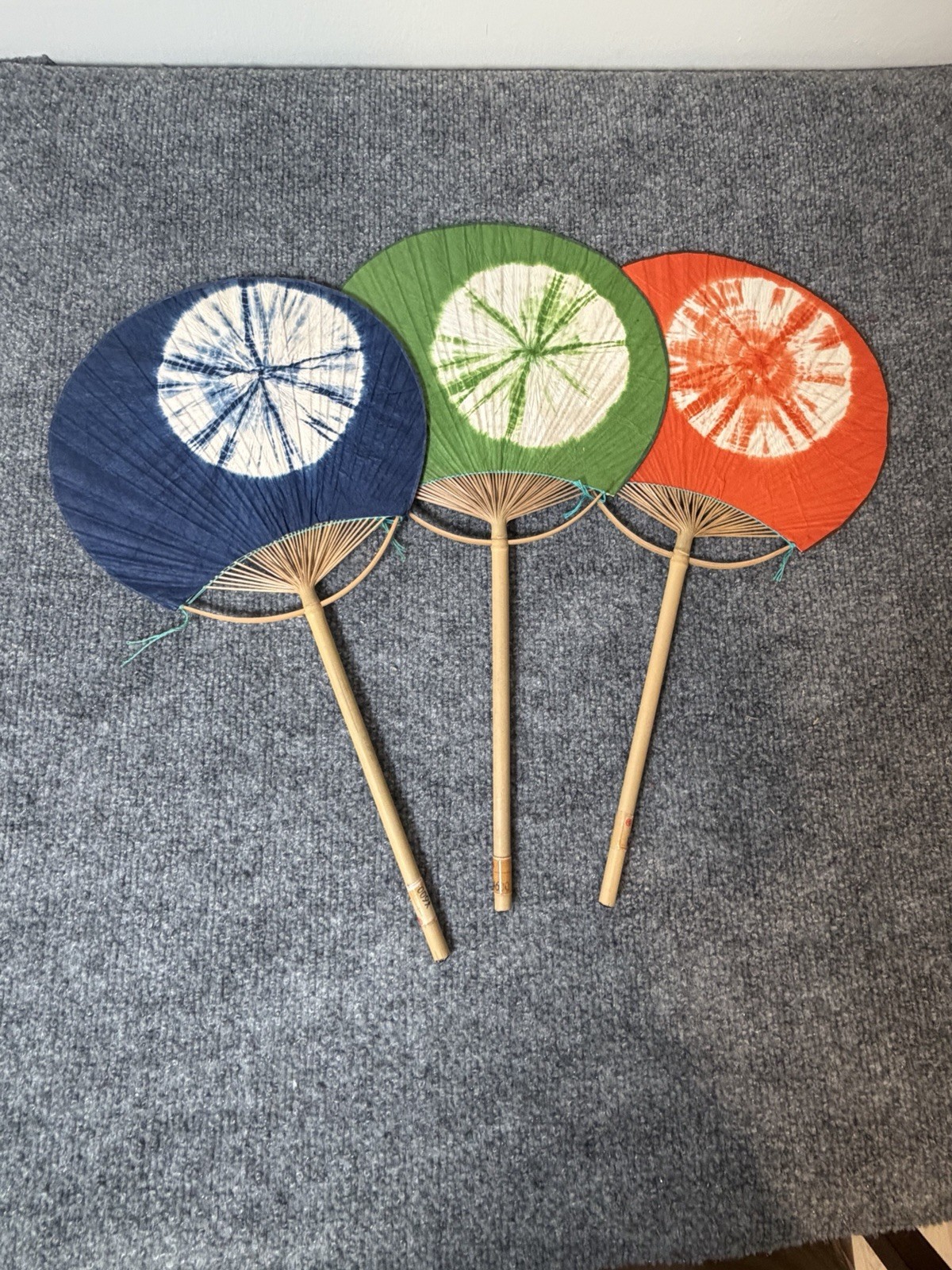 Vintage Japanese Uchiwa Fans Set of 3 Bamboo Shibori Tie Dye Japan 16”