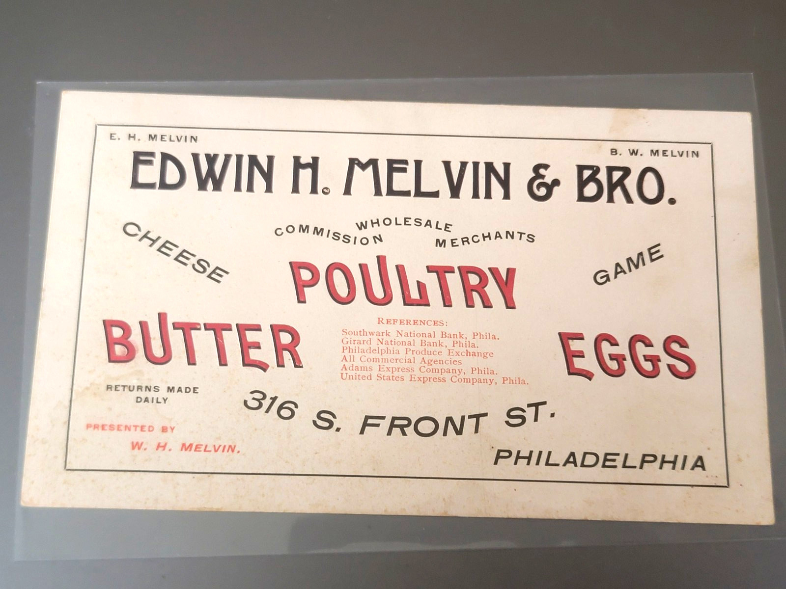 Vintage Edwin M. Melvin & Bro. Philadelphia PA Poultry Butter Eggs  Trade Card