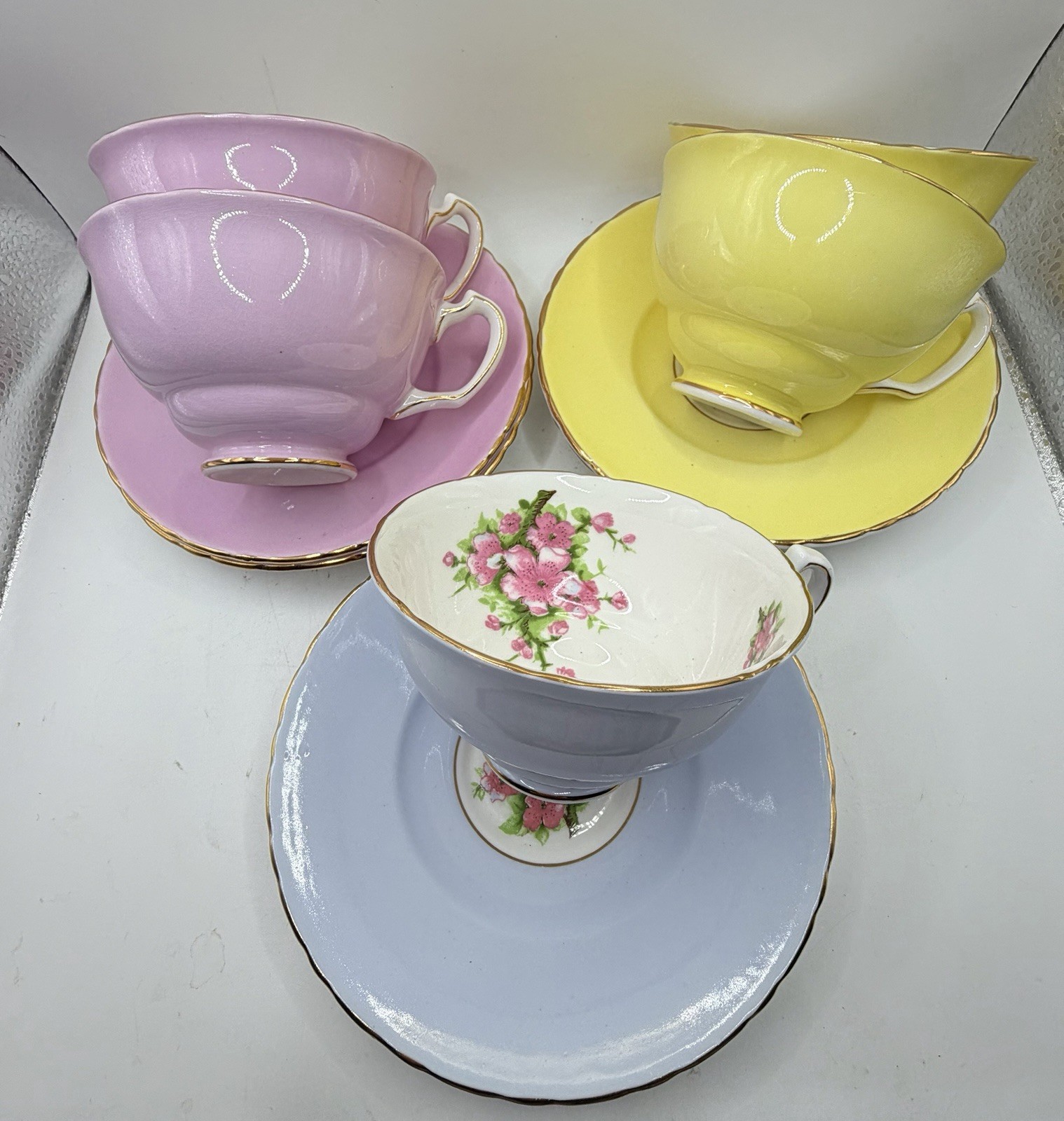 Vintage Adderley Floral Bone China Teacup & Saucer Lot 5 Pastel Harlequin 5 sets