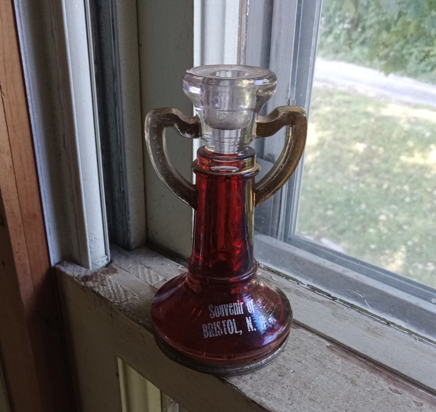 ANTIQUE RUBY STAINED GLASS SOUVENIR OF BRISTOL,NH CANDY CONTAINER CANDLESTICK