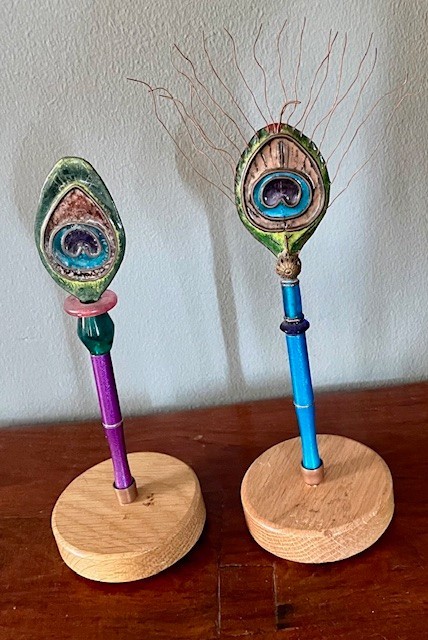 OOAK Pair of Handmade Metal PEACOCK PENS w/ Stands by Metal Artist CINDY CHINN