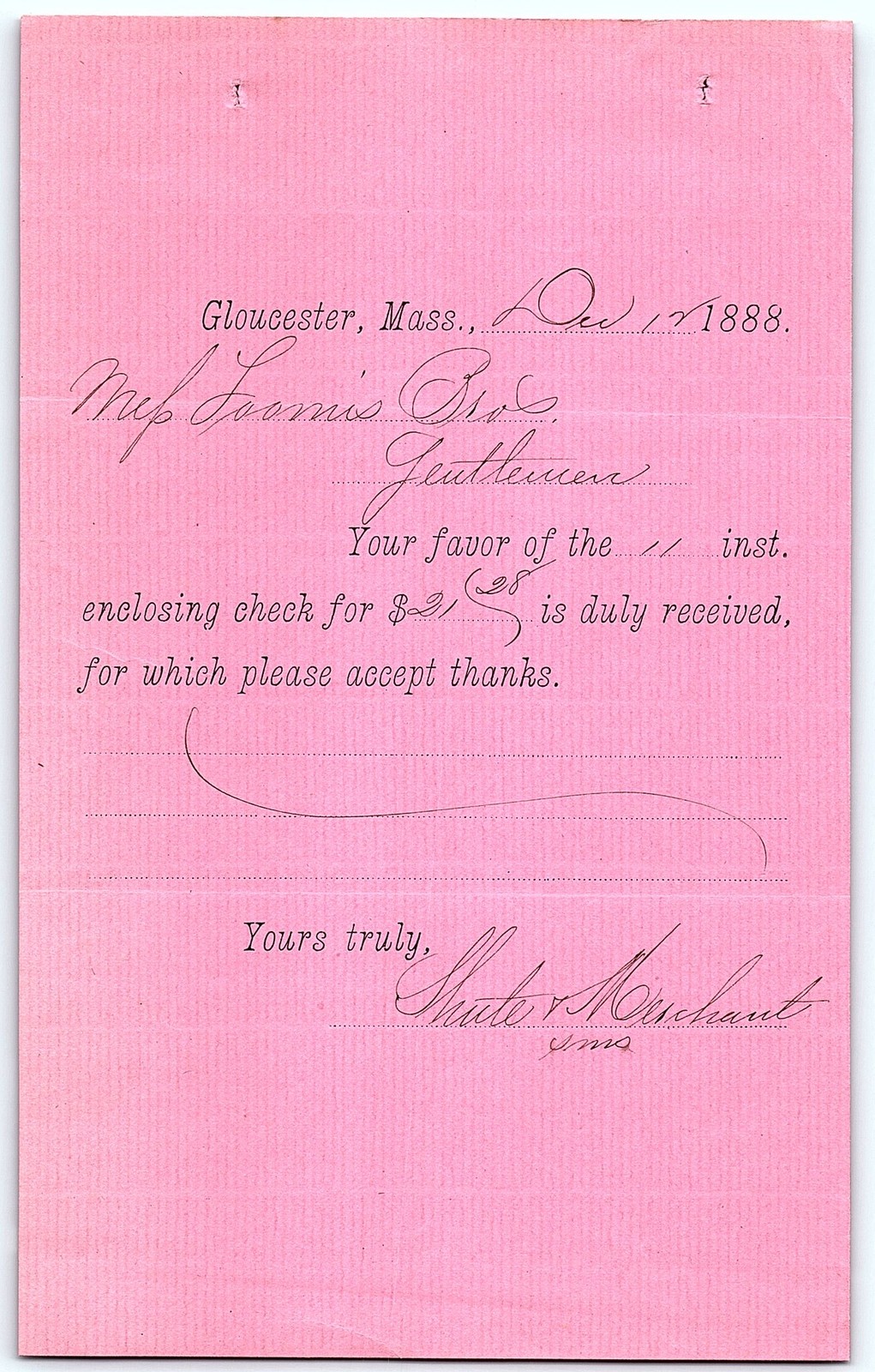 1888 Gloucester, MA Pre-printed Thank You Letter for $3 Chec