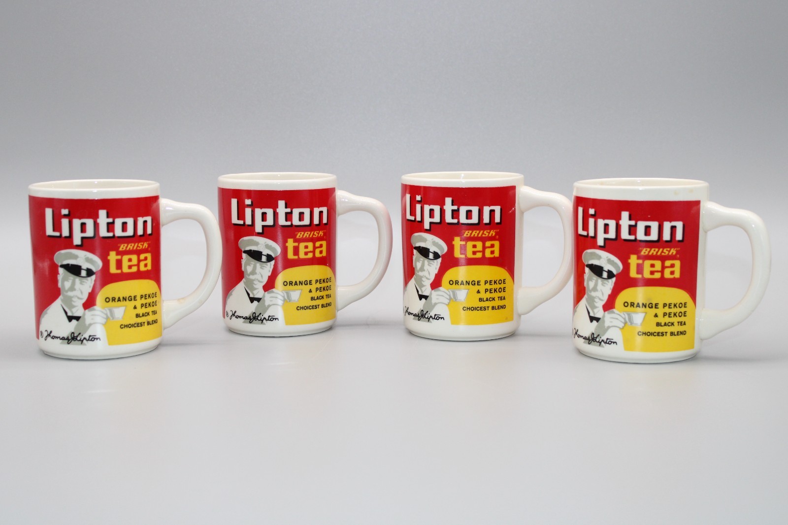 Set of 4 Vintage Lipton Tea Mug Red Yellow Advertising Cup Orange Pekoe
