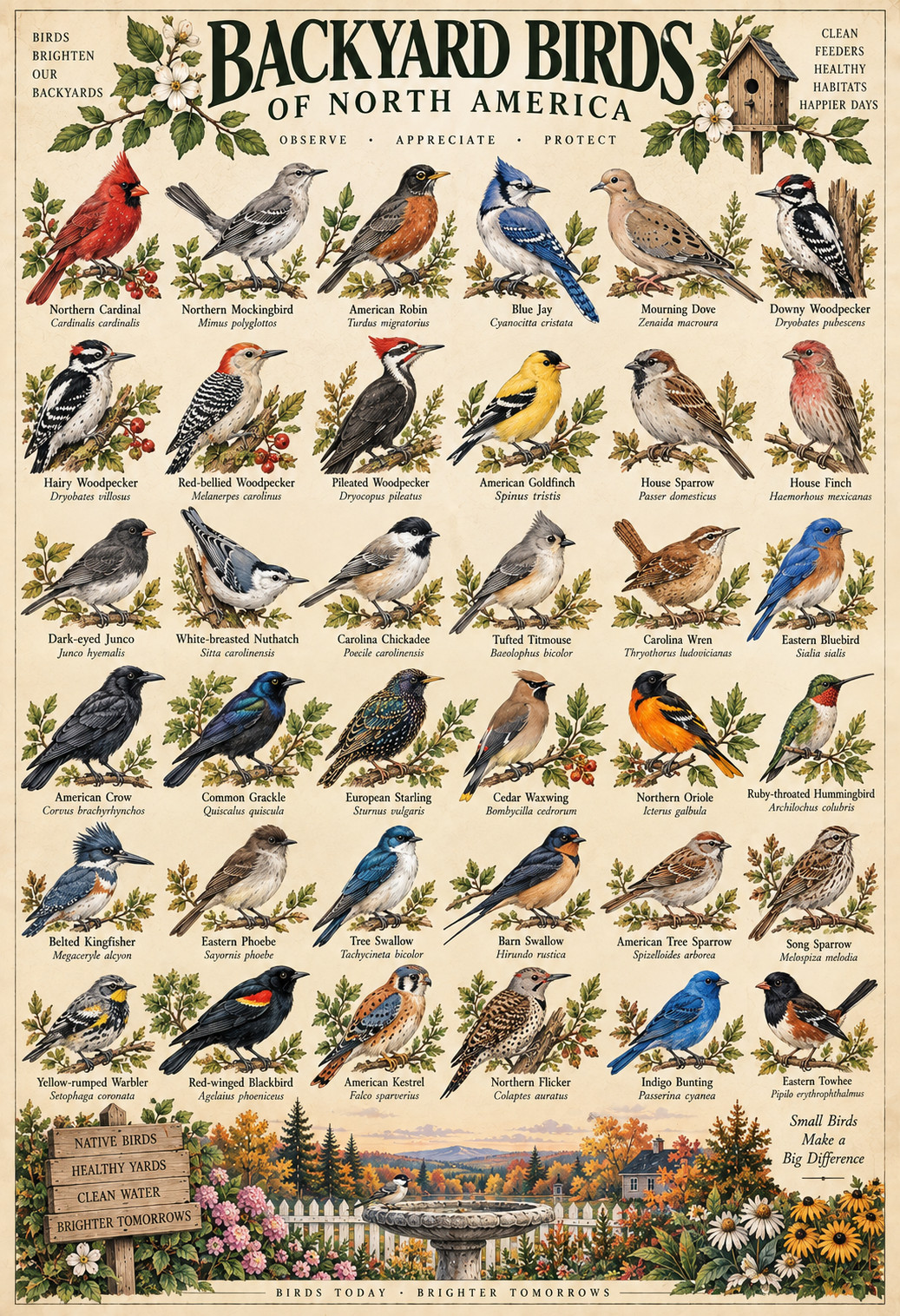 Backyard Birds of North America Vintage Bird Identification Chart Poster 13x19