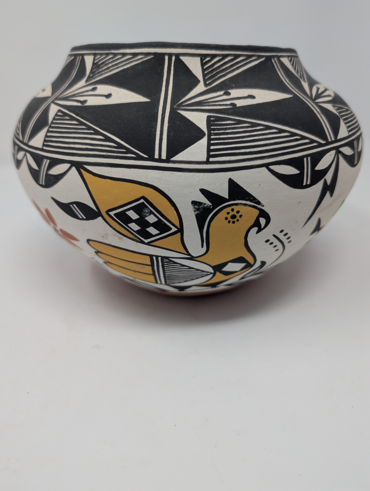 Vintage Acoma Pueblo Polychrome Pottery Bowl by Della Concho - Bear & Bird Motif