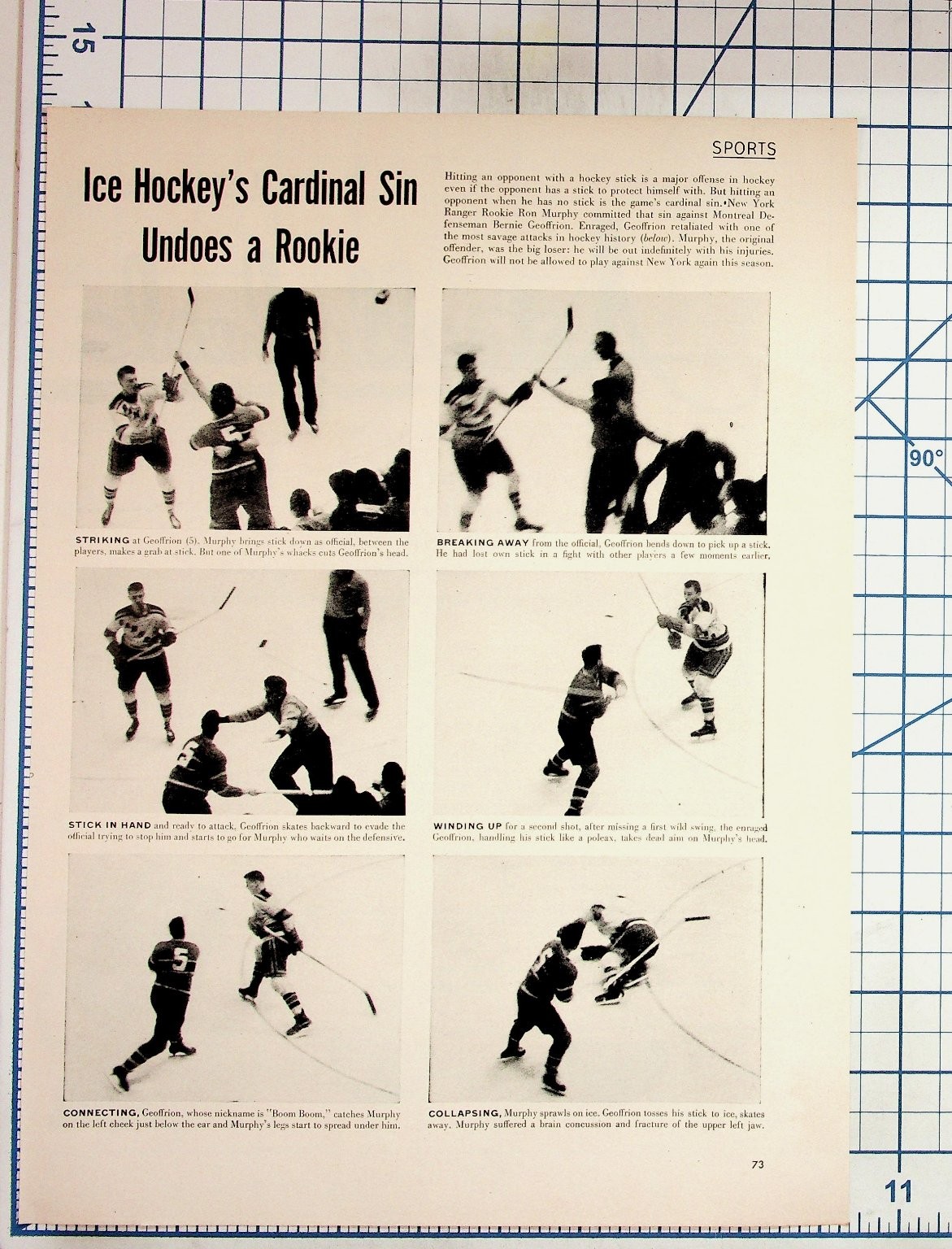 1950s Ice Hockey Magazine Page Ron Murphy Bernie Geoffrion Fight Article B&W