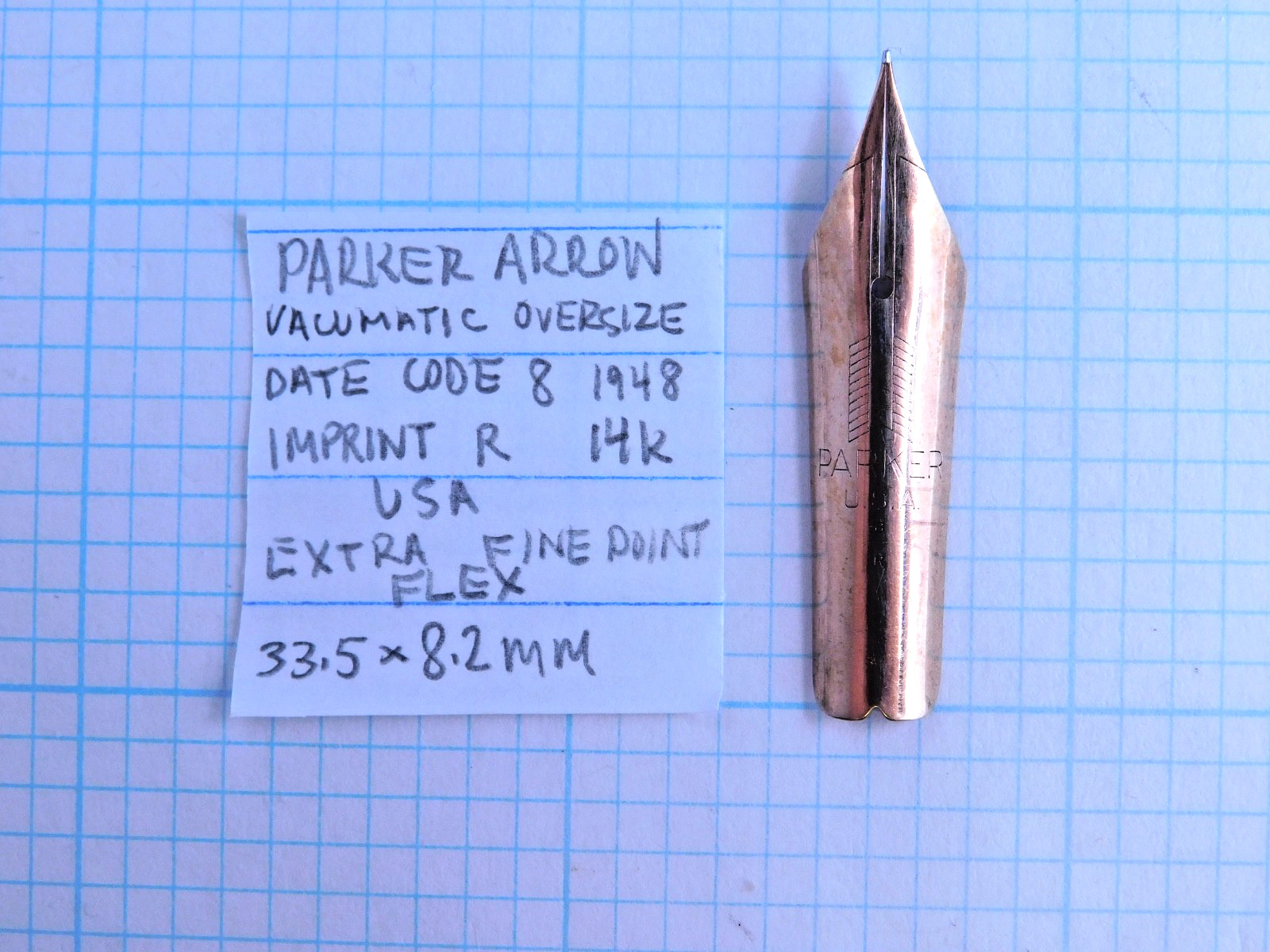 Nib: PARKER VACUMATIC OVERSIZE, Ex Fine Tip, Flex, 33.5 x 8.2mm, 1948, 14k, NOS
