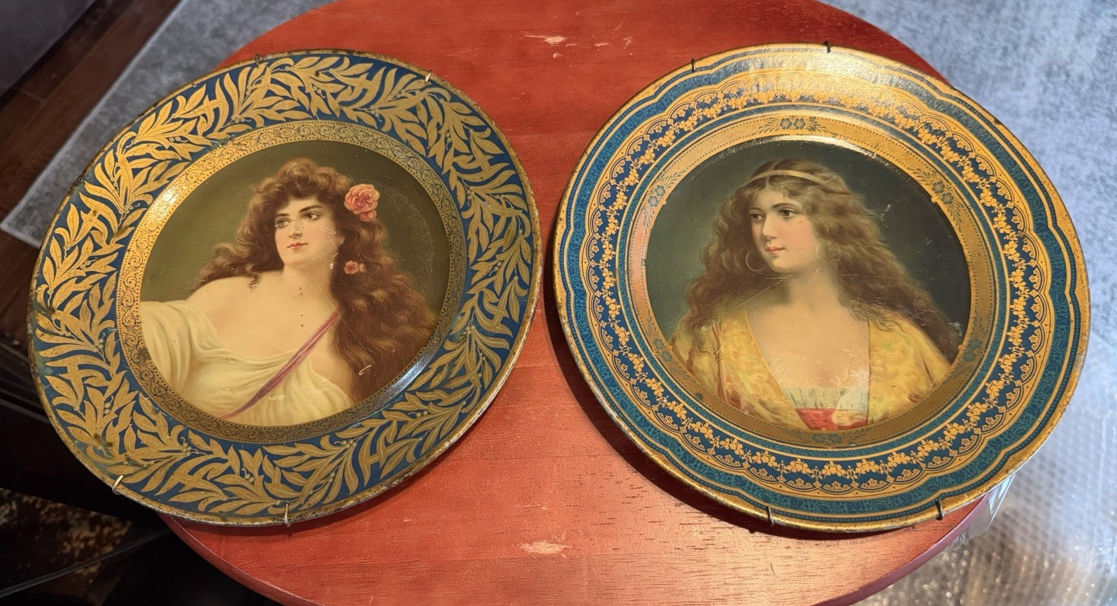Pair Antique 1907 Vienna Art Plates Tin Lithograph Griselda Meek Co Vintage Sign