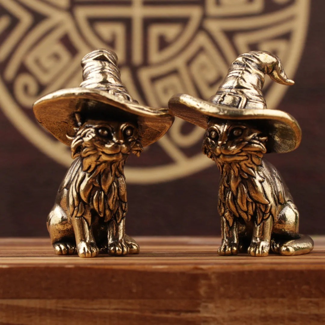 Cute Sorcerer Cat Brass Figurine Miniature Animal Statue Retro Home Decor