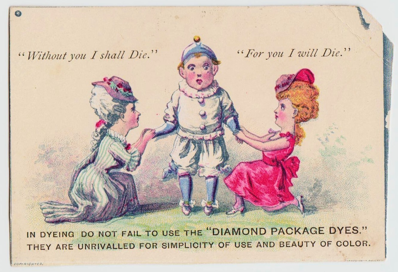 1880s Diamond Package Dyes Trade Card WH Kittredge Rockland Maine Love Triangle