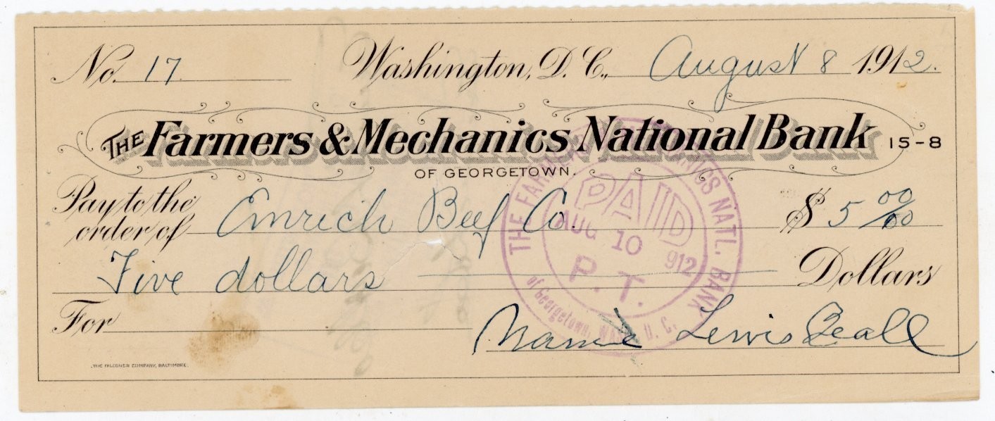 1912 Farmers Mechanics National Bank Check Washington DC Georgetown Emrich Beef 1912 Farmers Mechanics National Bank Check Washington DC Georgetown Emrich Beef