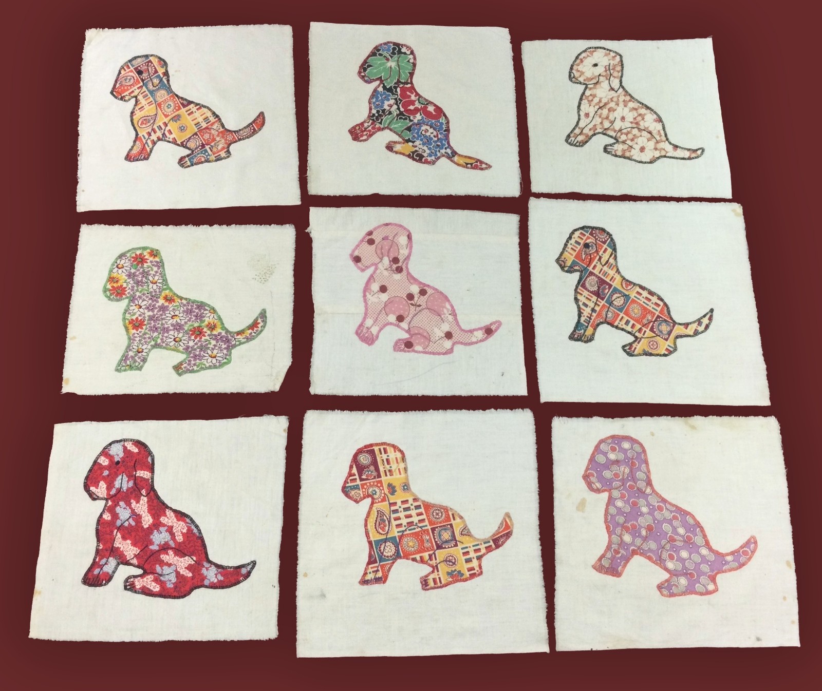 9 vtg 30S 40S PUPPY DOG EMBROIDERED APPLIQUE FEEDSACK FABRIC QUILT TOP BLOCK LOT