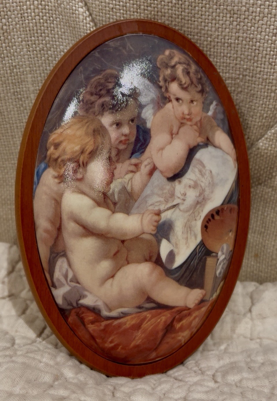 Vintage Domed Ceramic Art  Reproduction Wood Framed 6” Painting Francois Boucher