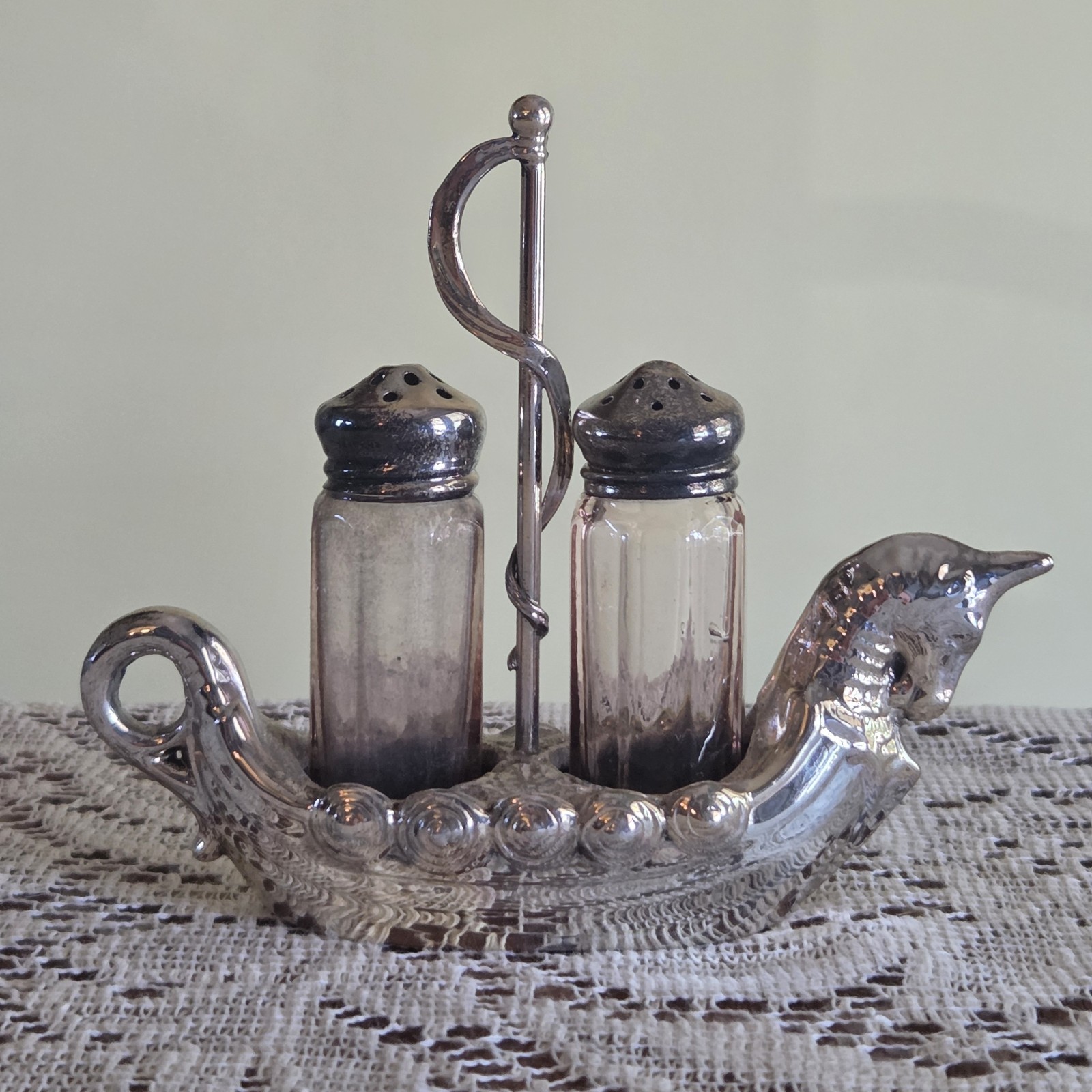 Antique Metal Viking Ship Caddy with Glass Salt and Pepper Shakers