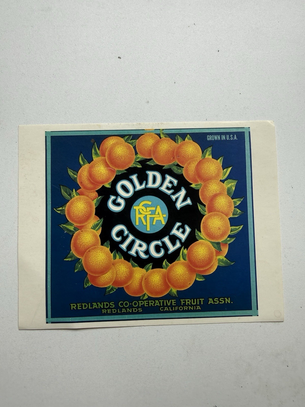ORIGINAL GOLDEN CIRCLE ORANGE CRATE LABEL REDLANDS CALIFORNIA C1940S VINTAGE