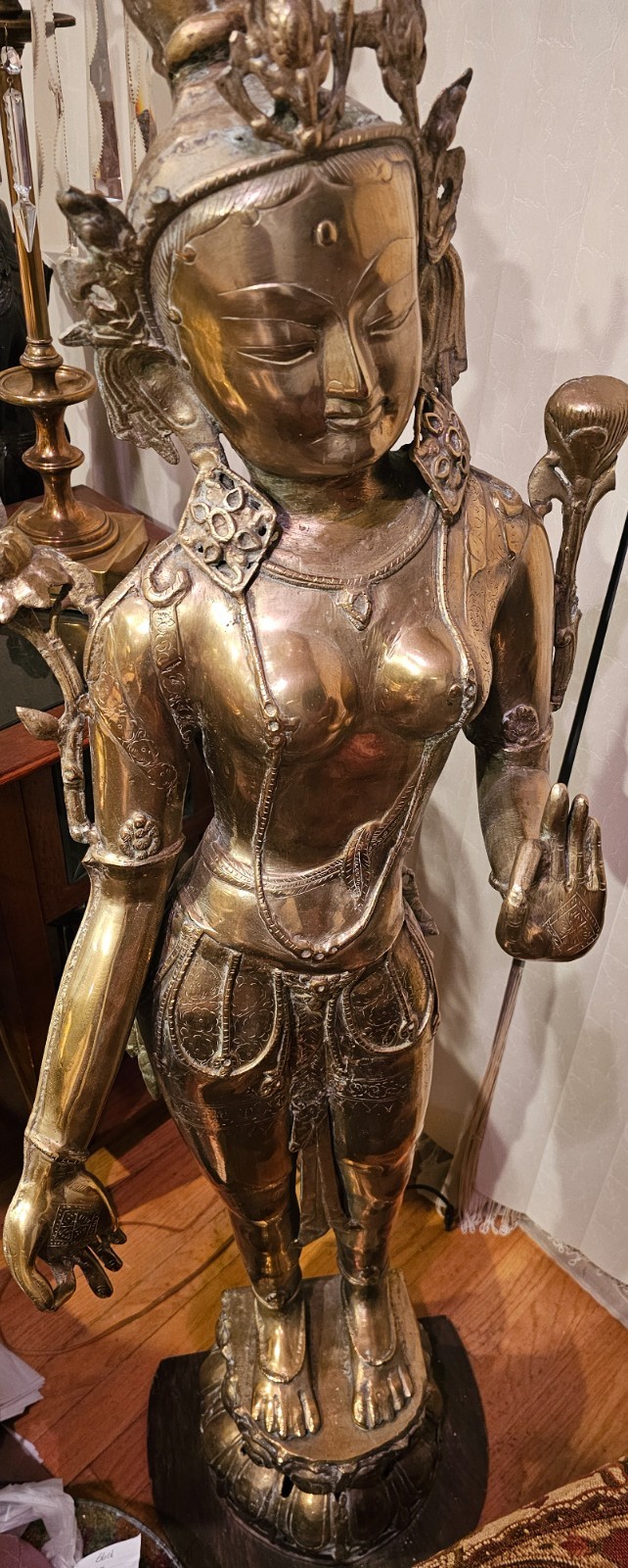 Vintage Brass Tara Bodhisattva Statue Standing Deity Lotus Buddhist Statue 50
