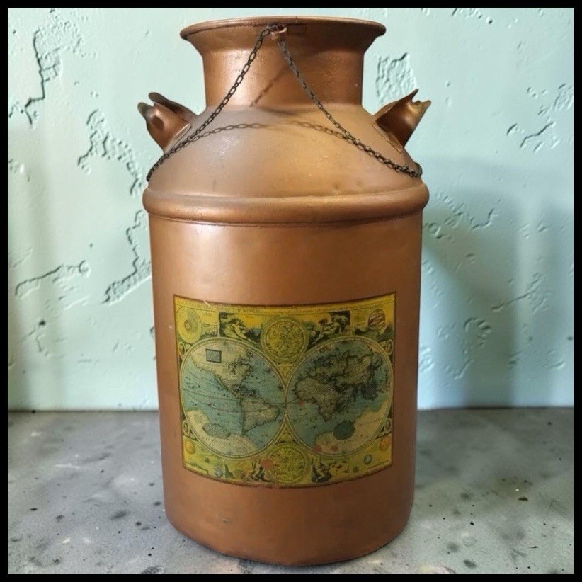 Vintage 1960s Copper Metal Milk Can - Old World Map - Industrial Study Decor