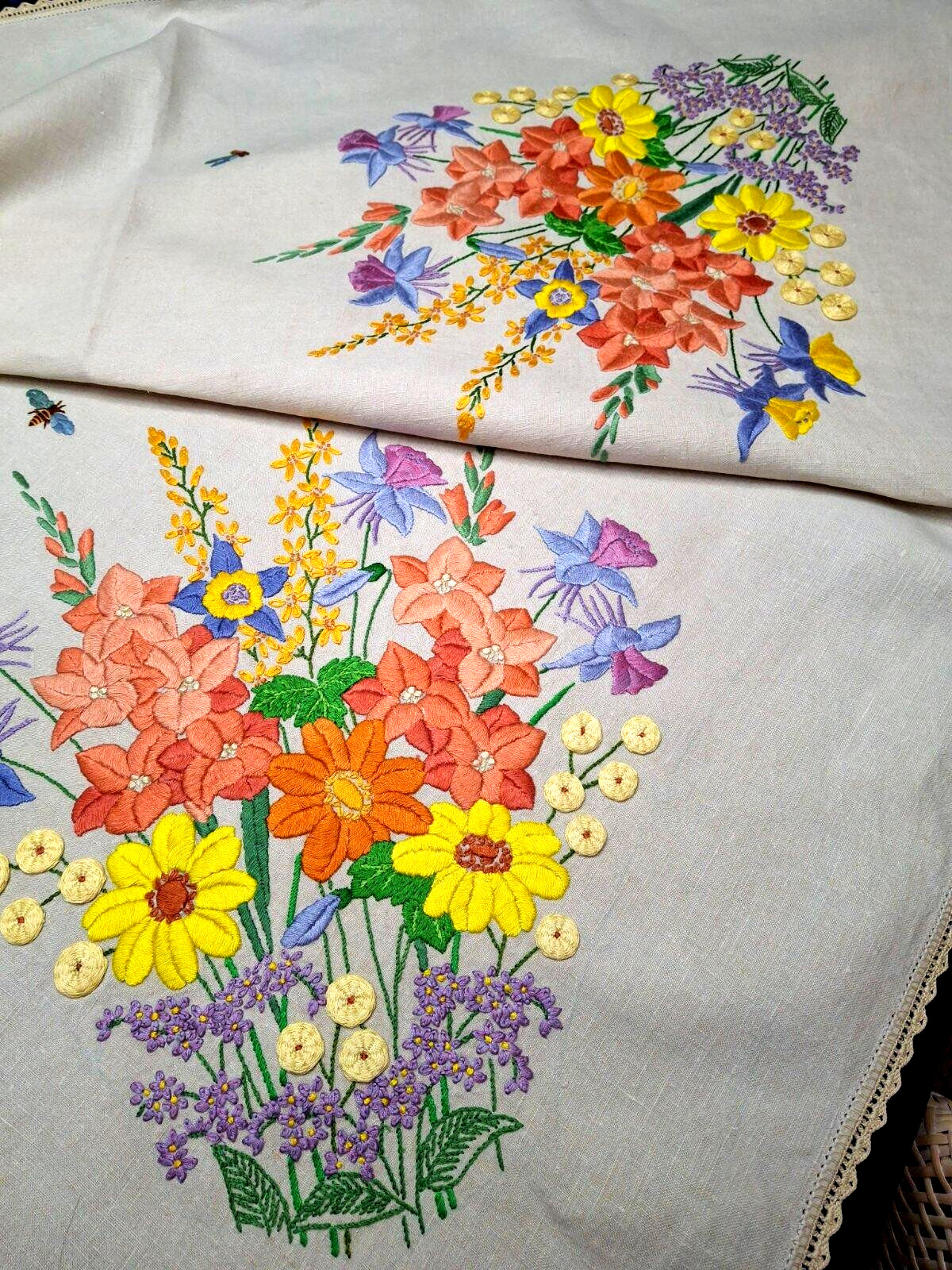 Spectacular RARE 'Fairistytch' Bouquet Flowers/Bees Hand Embroidered Tablecloth